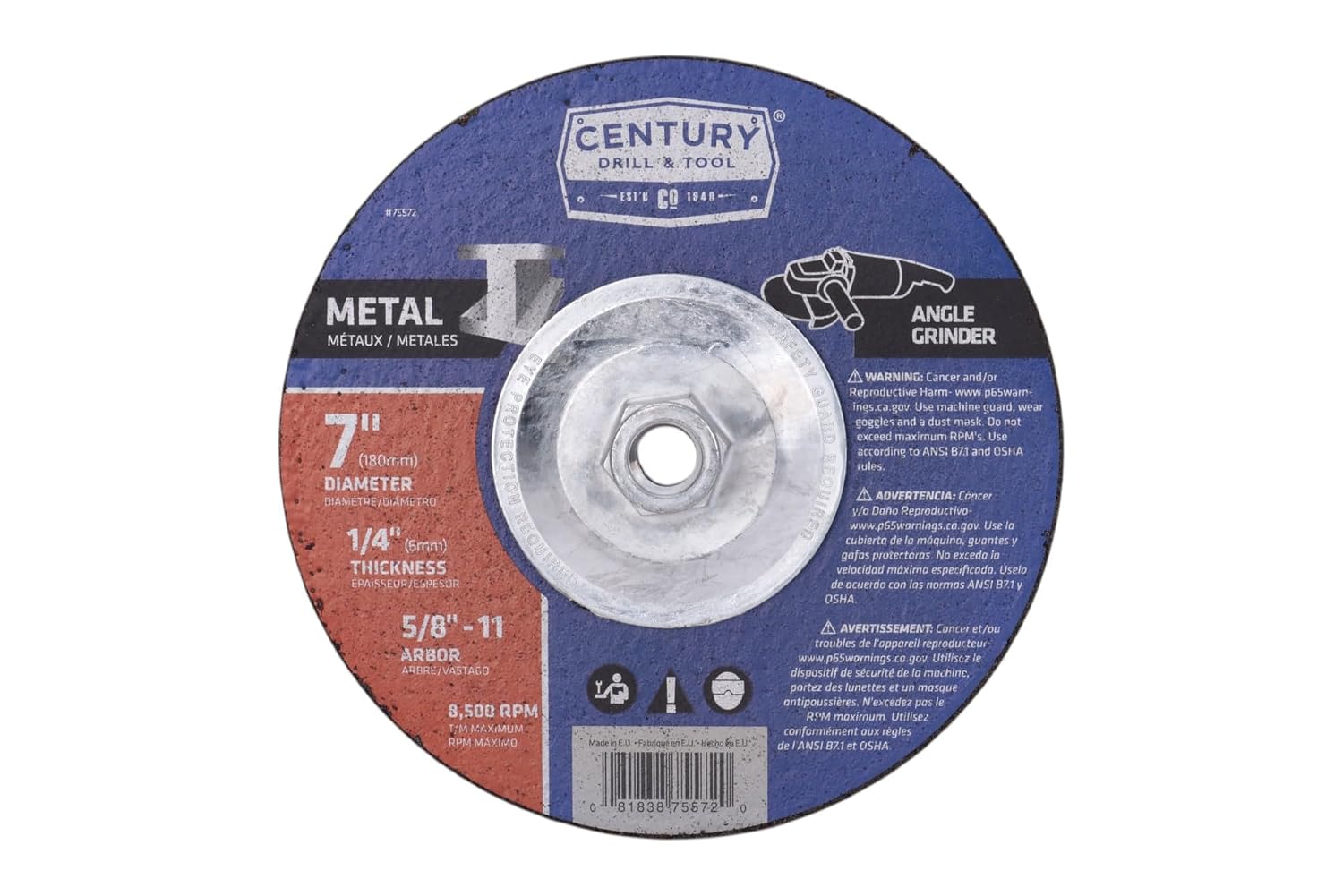 Century Drill & Tool 75572 Type 27 Metal Grinding Wheel, 7" X 1/4"
