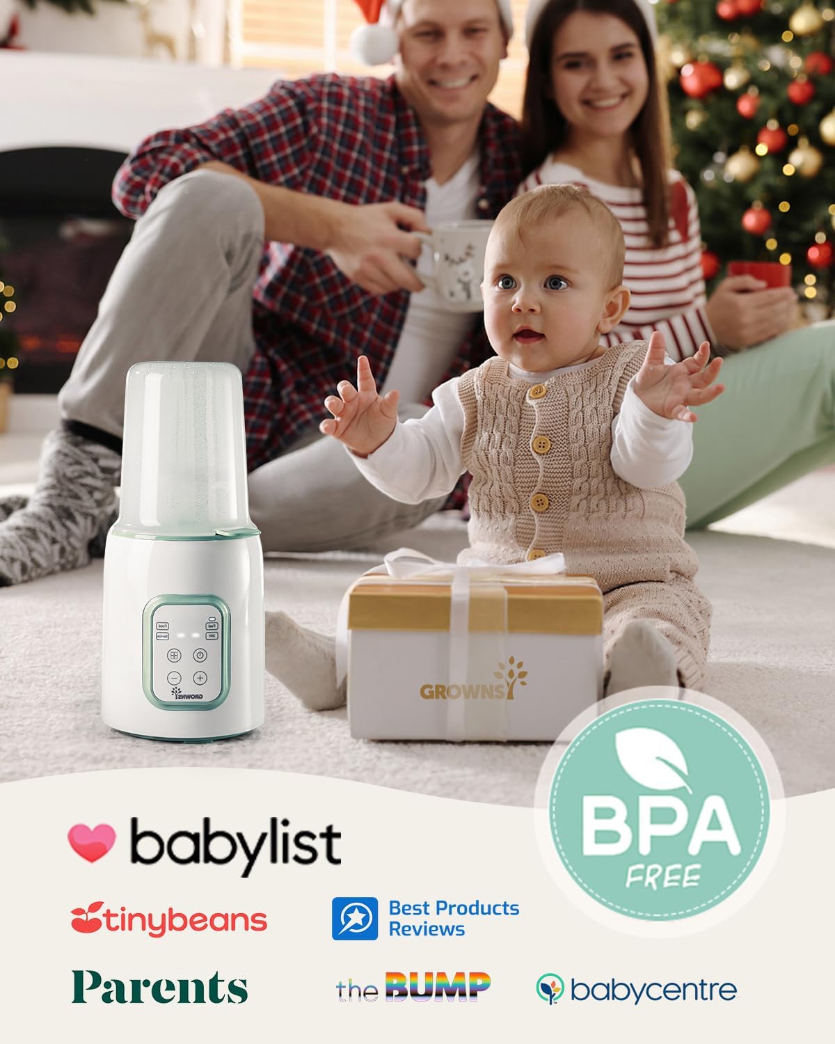 Grownsy bottle warmer with BPA-free label and various baby product review logos