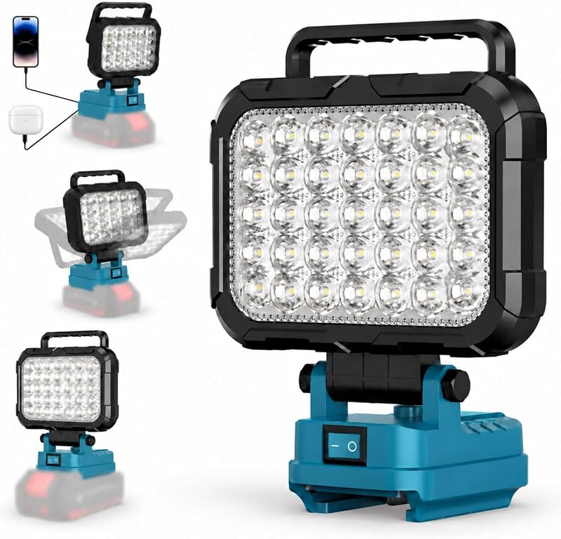 Faro LED Ricaricabile per Makita Batteria 18V, 6800LM, Due Porte USB