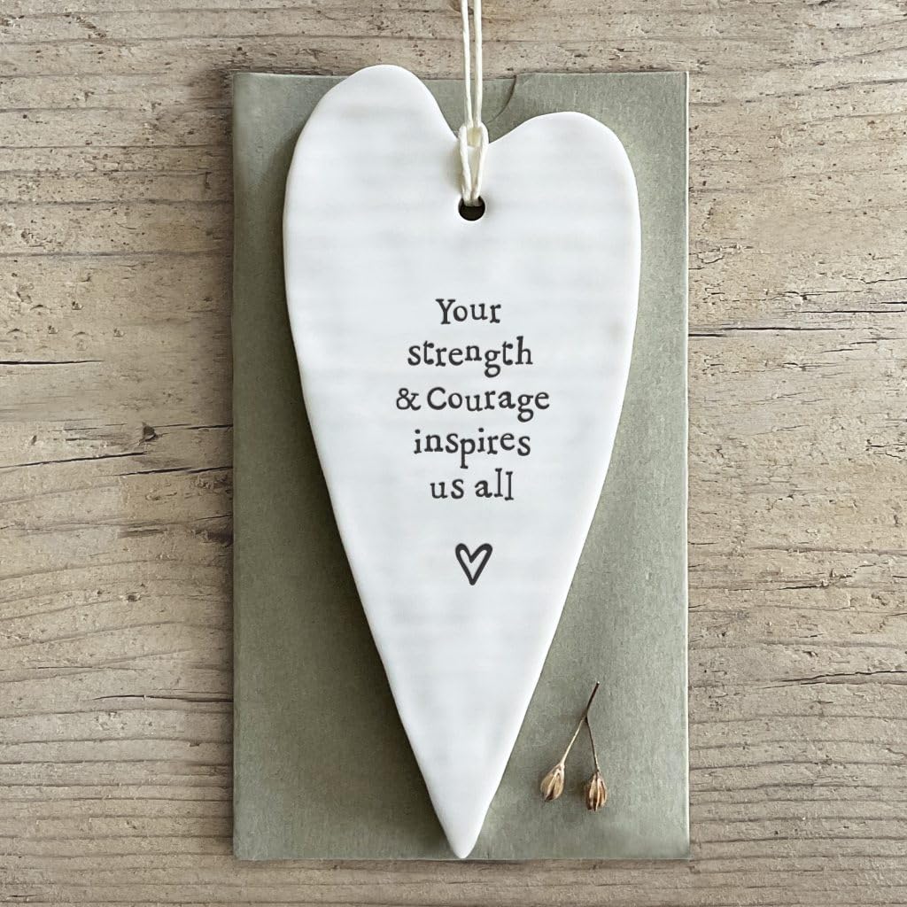 East of India White Ceramic Ripple Heart ""Your Strength"" Hang Decor 15.5x7.5cm
