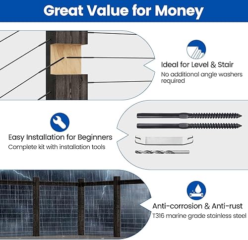 Miniatura 3 de Muzata Paquete de 20 tornillos para barandillas de cable negro de 1/8 pulgadas, tornillos de retraso para zurdos y diestros para postes de madera