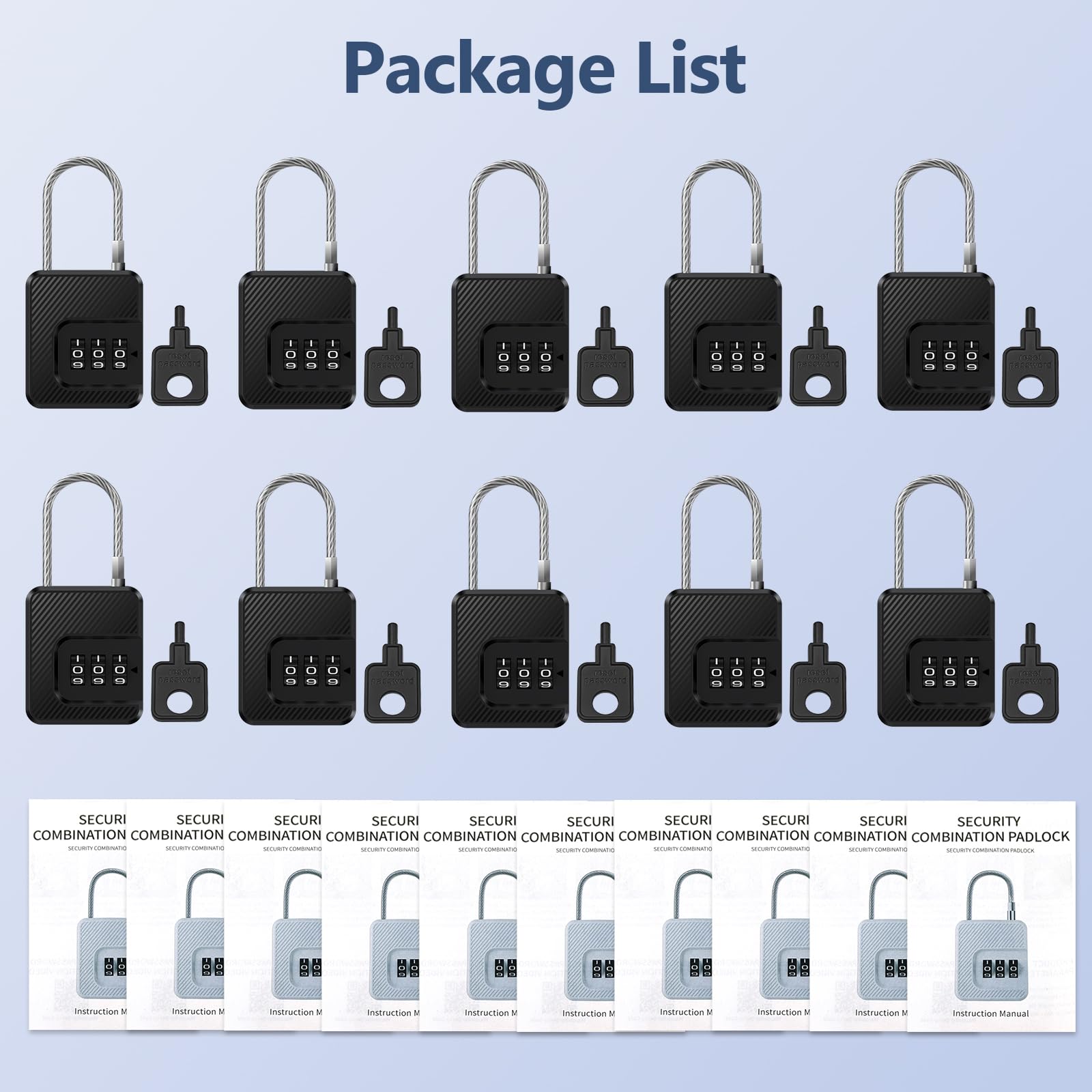 Lucchetto con combinazione a 3 cifre, lucchetto di sicurezza con cavo in acciaio flessibile, per bagagli da viaggio, valigie, borse, armadi (confezione da 10)