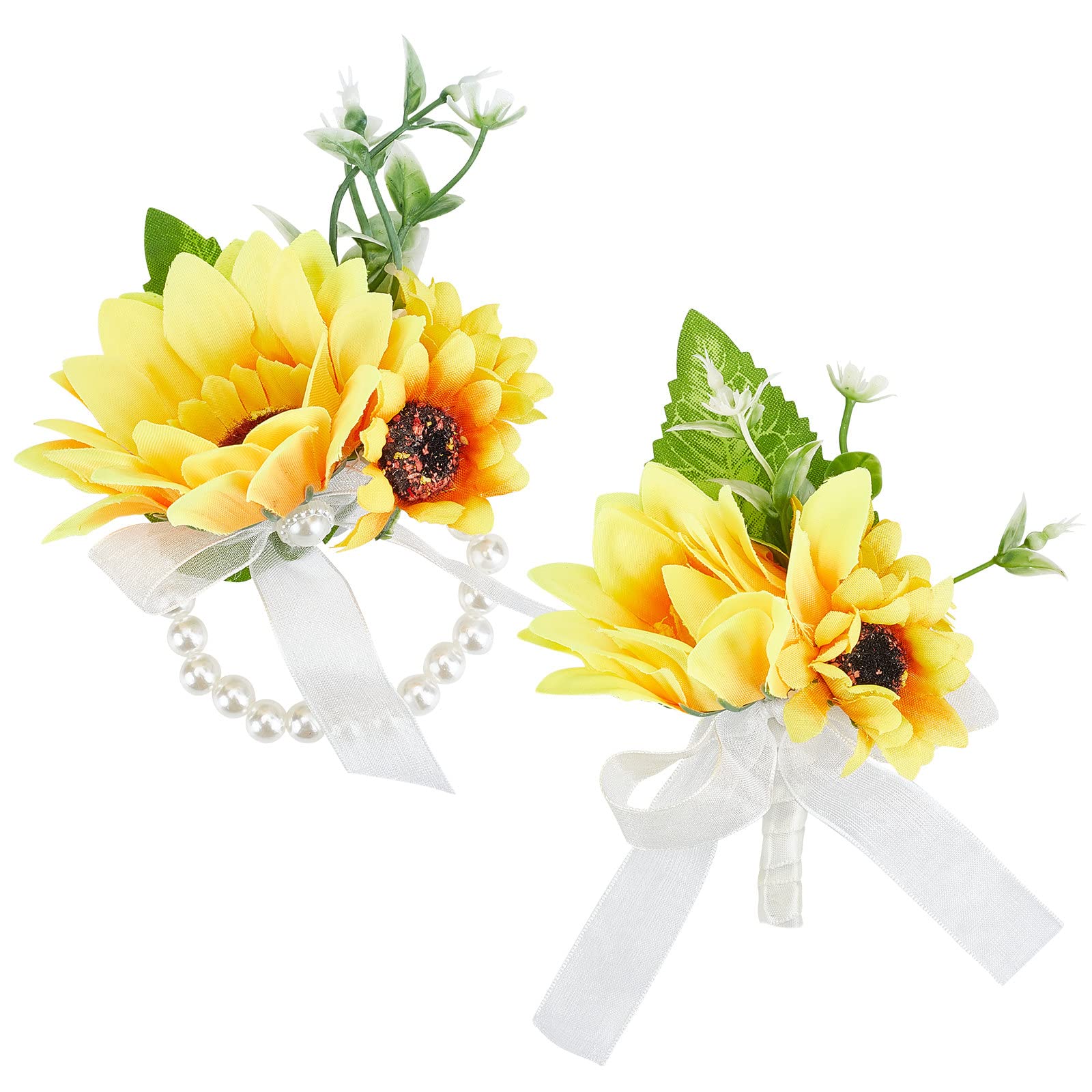 CRASPIRE Sunflower Corsage and Boutonniere Set 2pcs Wedding Bridal Corsage Bridesmaid Wrist Flowers Wristband for Wedding Prom Party Homecoming