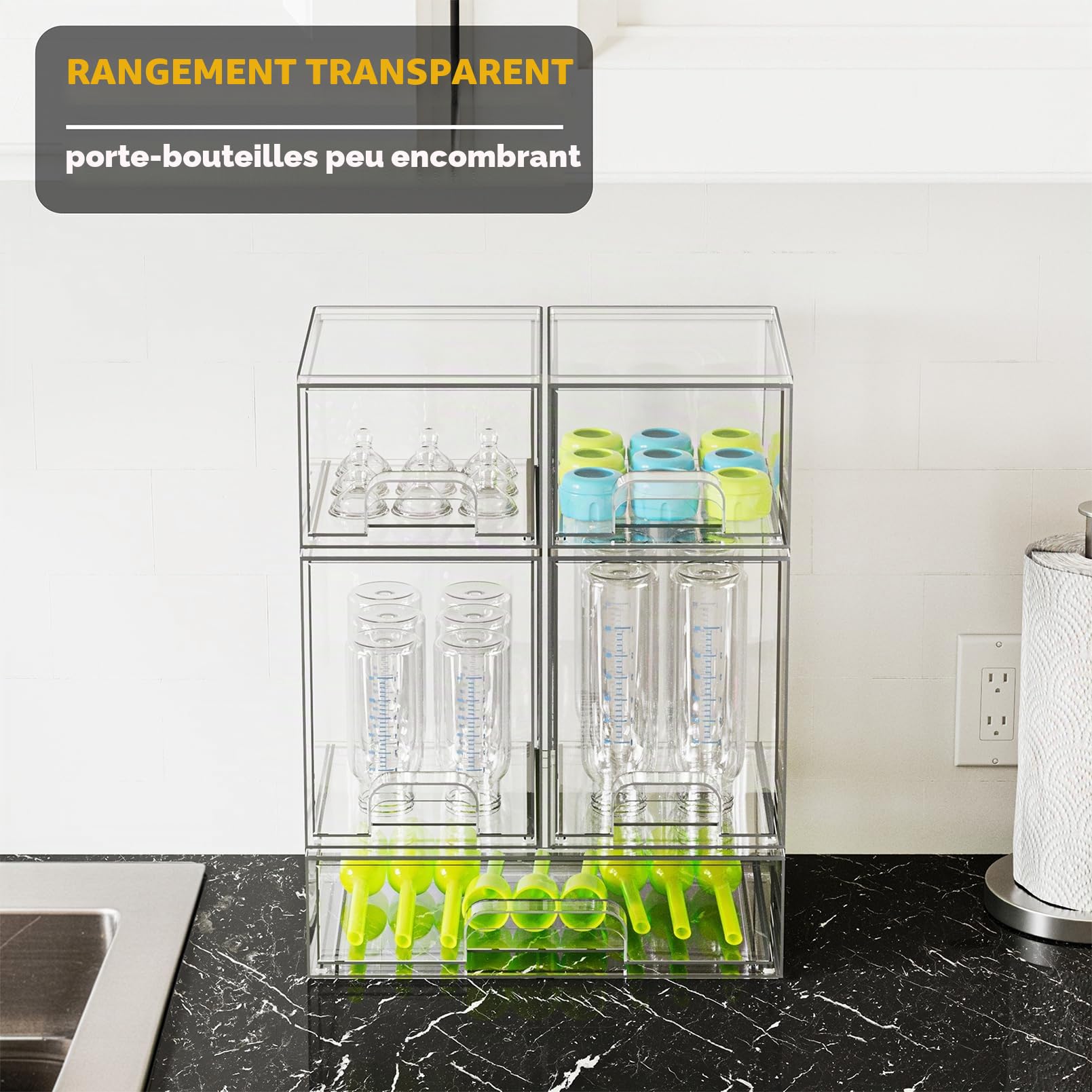 SpaceAid Lot de 5 organiseurs de rangement pour bouteilles de bébé en acrylique, tiroirs empilables transparents pour comptoir, coiffeuse, salle de bain, armoire, garde-manger, 2S2M1L, 39,9 cm de haut