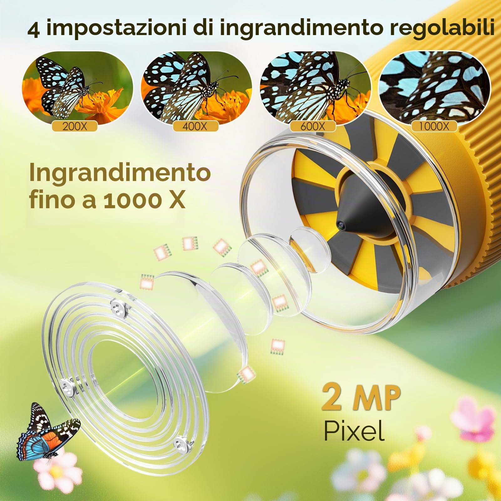 Mini microscopio per bambini, con zoom 1000x, tascabile/portatile, con schermo IPS da 2,0", USB, LED, porta per PC, per esterni, per bambini dai 3 anni in su