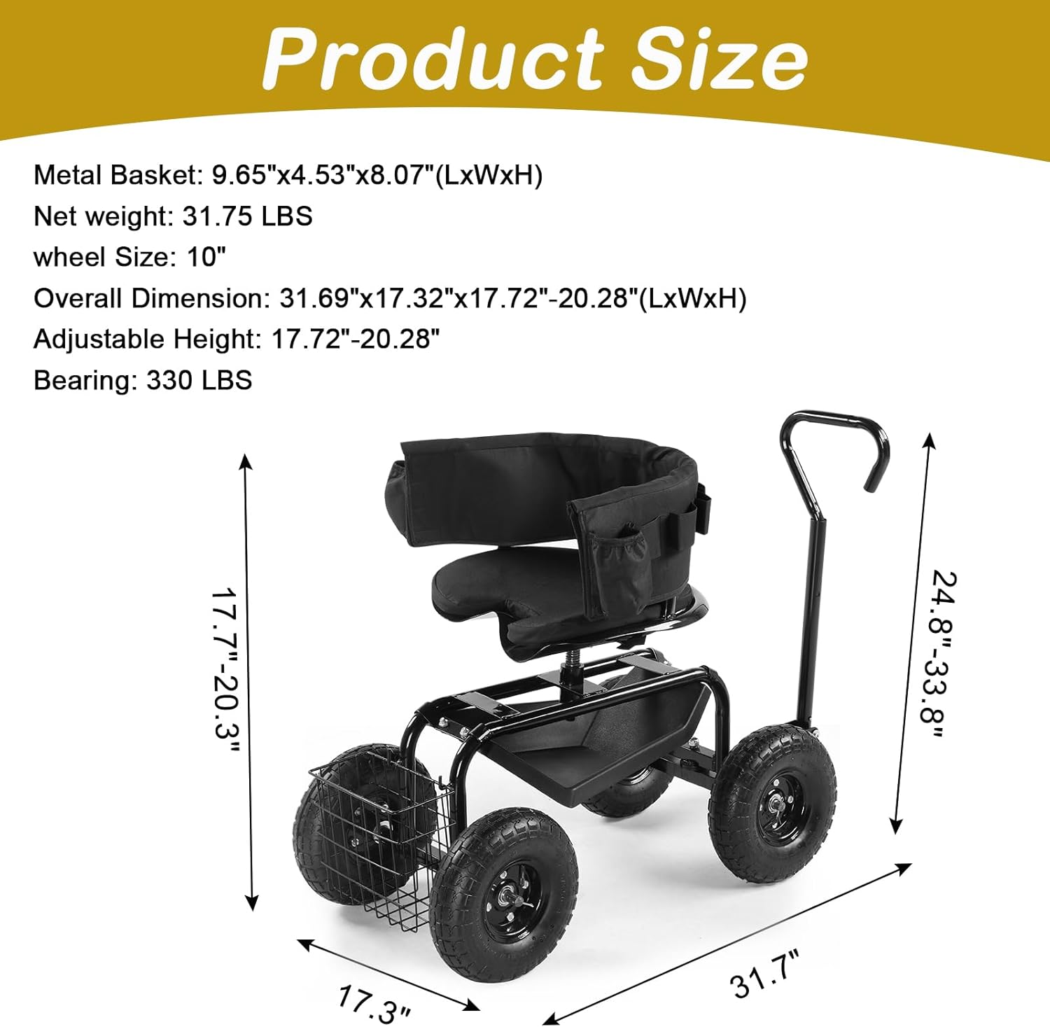 VINGLI Rolling Garden Stool with Seat and Extendable Handle, Gardeners Tool Seat with Wheels and Extra Storage, Gifts for People with Bad Knees (Green)