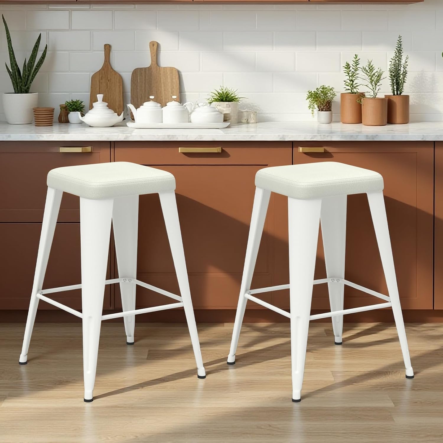 Metal Bar stools Set of 2, Upholstered Counter Height Bar Stools with Metal Legs, 30 Inch Industrial Barstools for Kitchen Island, Cafe (Beige Seat, White Legs)