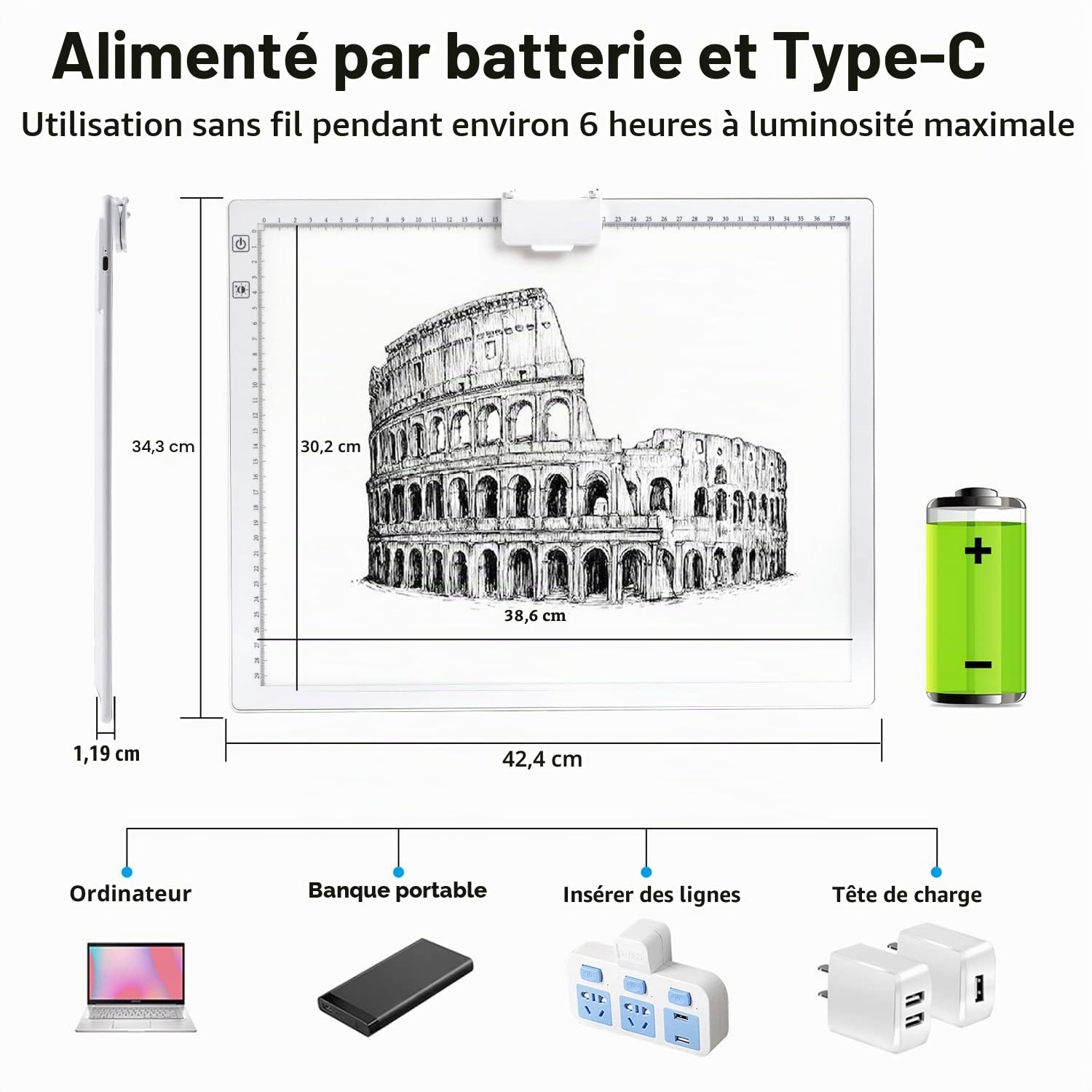 Table lumineuse A3, rechargeable à LED,3 couleurs,Intensité variable en continu et 6 niveaux de luminosité,Panneau lumineux à dessin, dessin, croquis