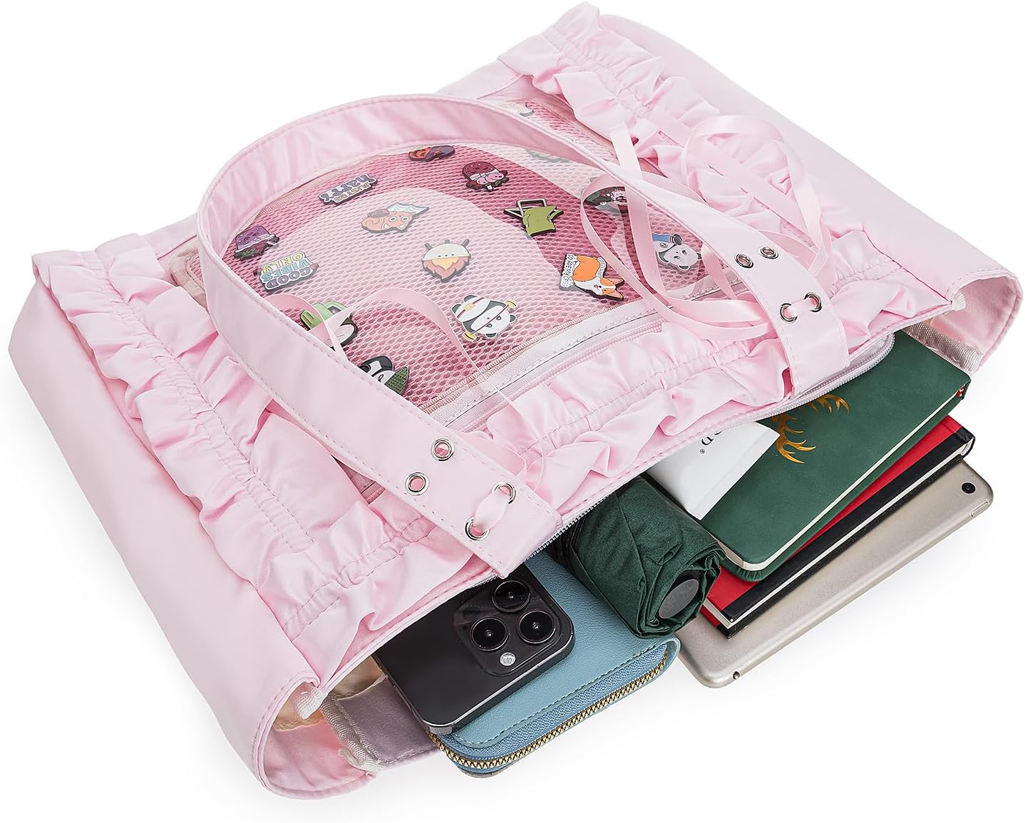 Womens Girls Tote Ita Bag Bowknot Wrinkled Edge Shoulder Bag Kawaii Purses and Handbags with Pin Display