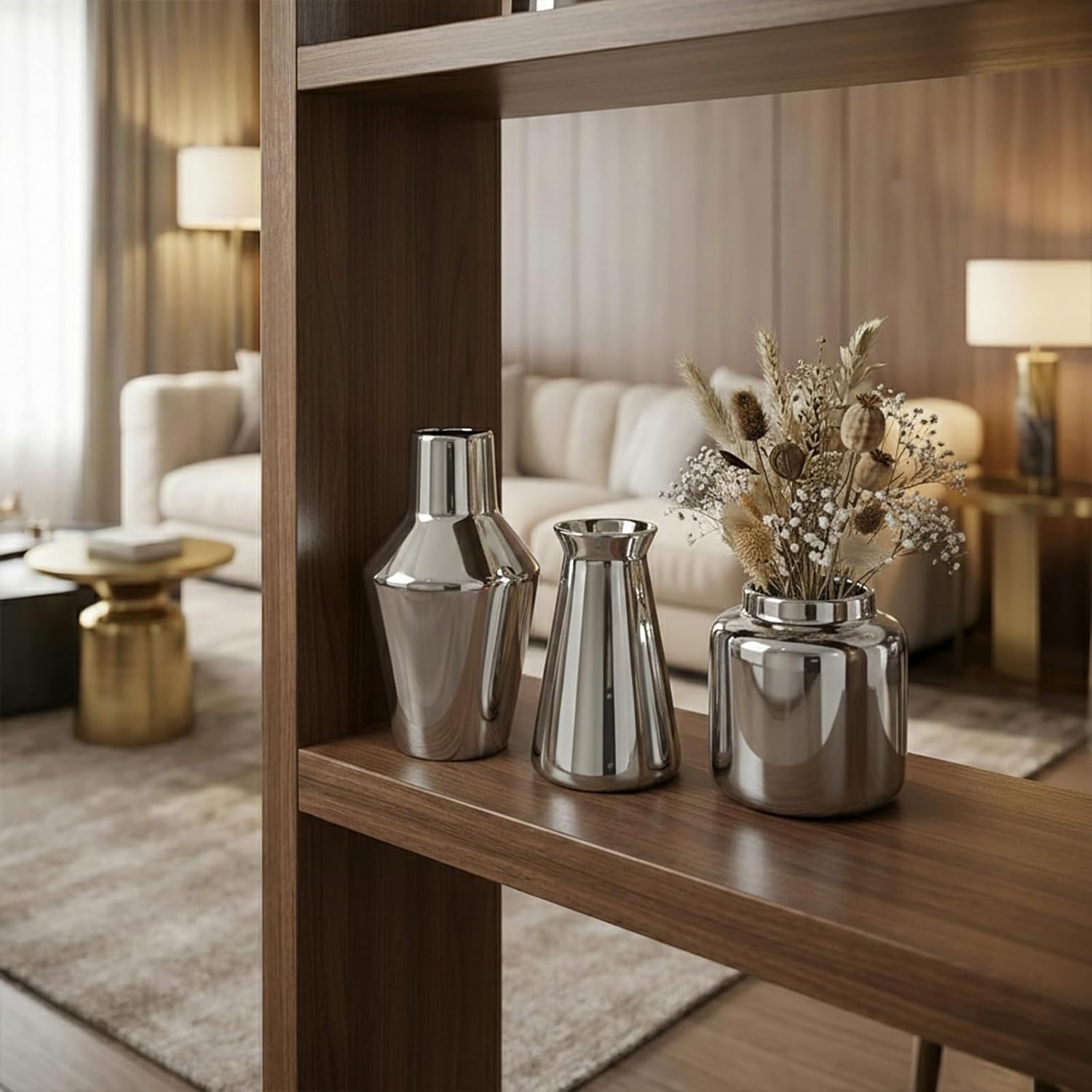 3 Piece Wide Mouth Vase Set for Table Centerpiece, Ceramic Silver Flower Vase for Pampas Grass Decor, Glossy Silver Unique Vases for Bathroom Fireplace Top Shelf Entryway Decorative