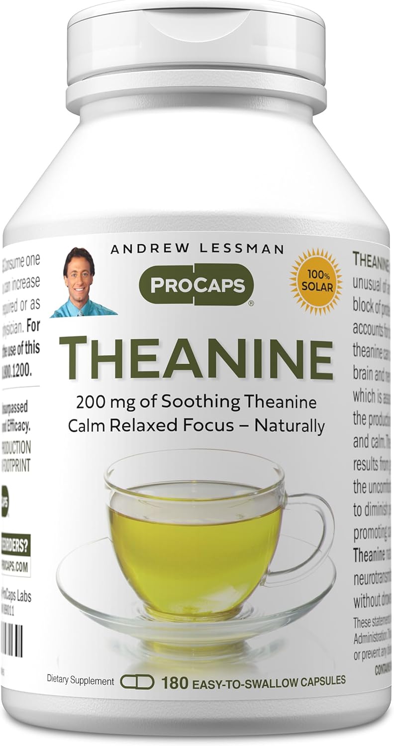ANDREW LESSMAN Theanine 200 mg - 180 Capsules - Promotes The Production of The Neurotransmitters Dopamine and Serotonin. Natural Calm, Relaxed Focus Without Drowsiness. Easy-to-Swallow Capsules.