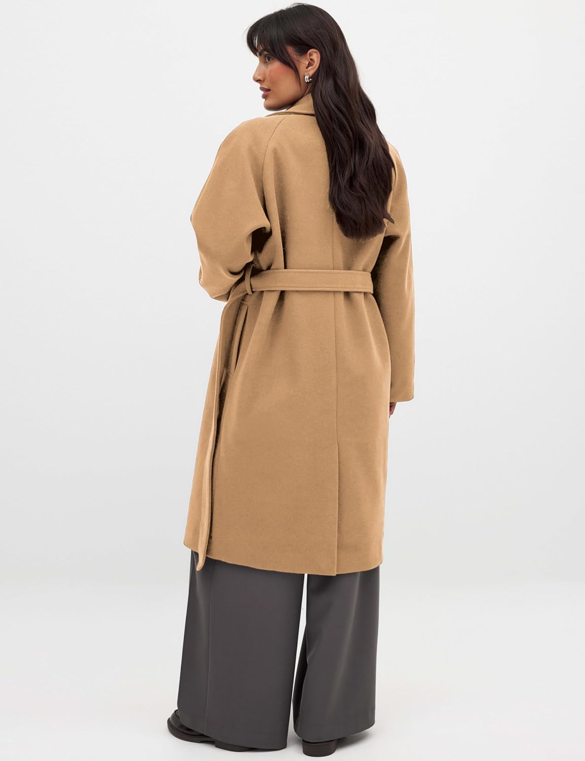 Belted Coat for Women Winter Classic Loose Open Front Notch Lapel Trench Peacoat Long Outwear with Pockets - Image 3