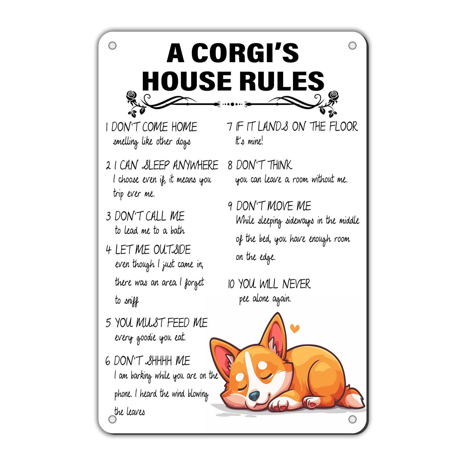 Anceky A Corgi‘s House Rules Sign Funny Metal Tin Sign Retro Wall Decor for Outdoor Outside Home Cafe Bar 12×16 Inch