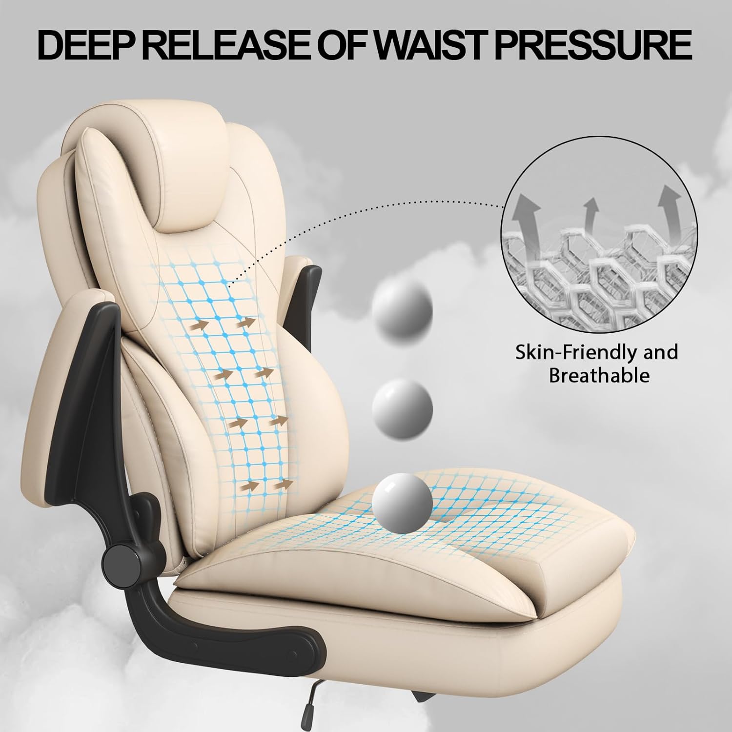 Hovos Office Chair, Ergonomic Big and Tall Desk Leather Chair with Padded Flip-up Arms, Adjustable Tilt Lock, Heavy Duty Swivel Rolling Computer Chair for Home Office, Beige