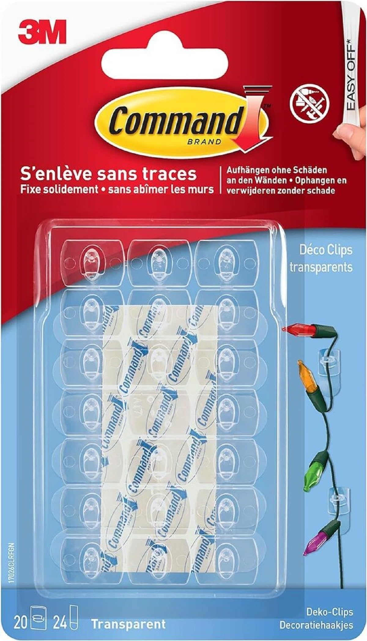 Command Crochets de Fixation, Lot de 20 Mini-Crochets Transparents et de 24 Petites Bandes Adhésive - Pour la Décoration des Guirlandes Lumineuses, Accrochage Sans Dommage