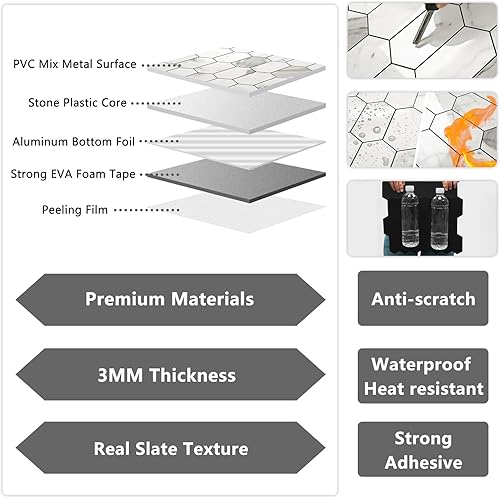 Vista 52 de Vamos Tile Azulejos hexagonales largos para despegar y pegar, 10 hojas para pegar en la pared del muro para la cocina y el baño, Calacatta dorado