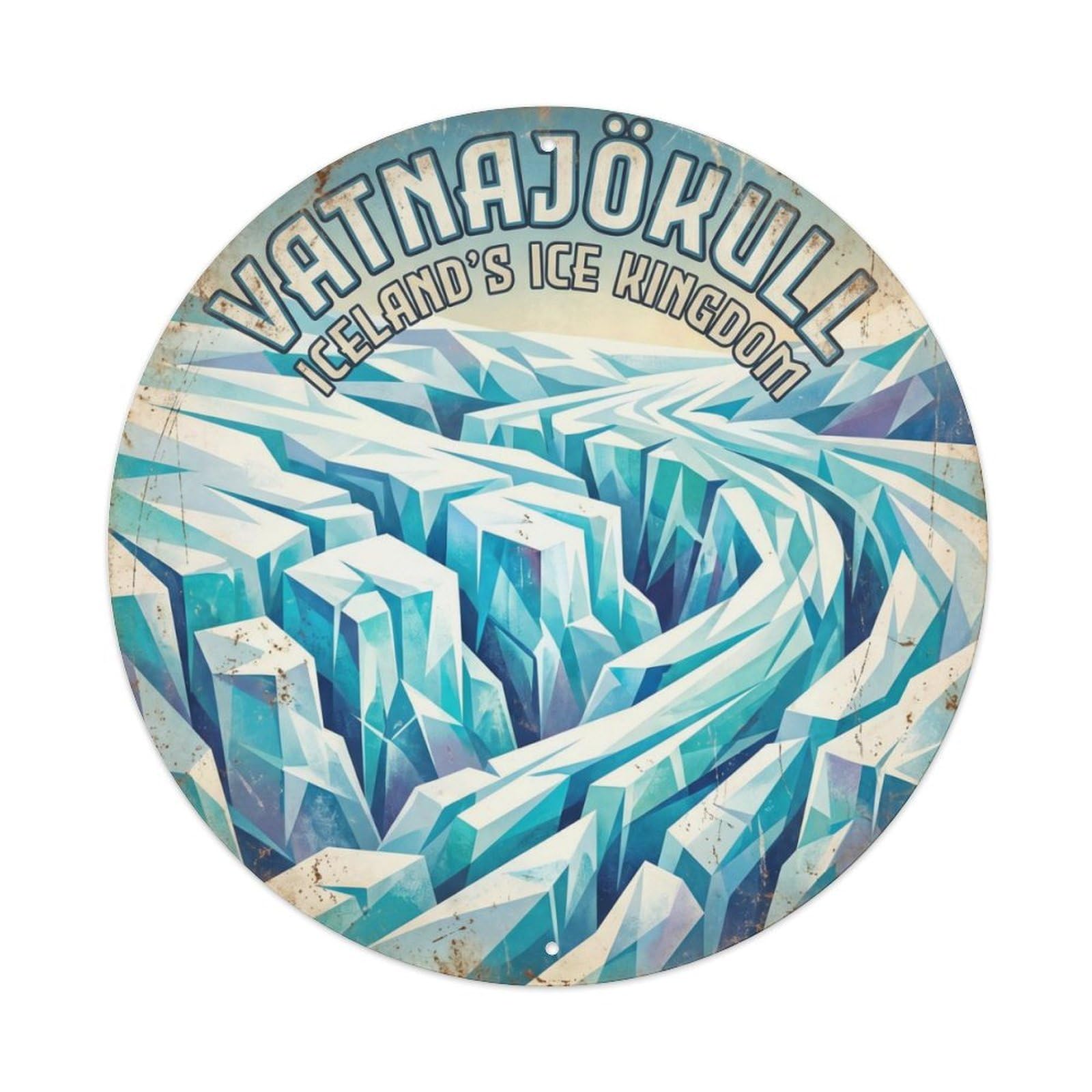 Vintage Travel Vatnajokull Iceland Glacier Metal Tin Sign Plaque Wall Decor for Cafe, Club Bar, Office, Home Garden Round Metal Poster 8x8Inch