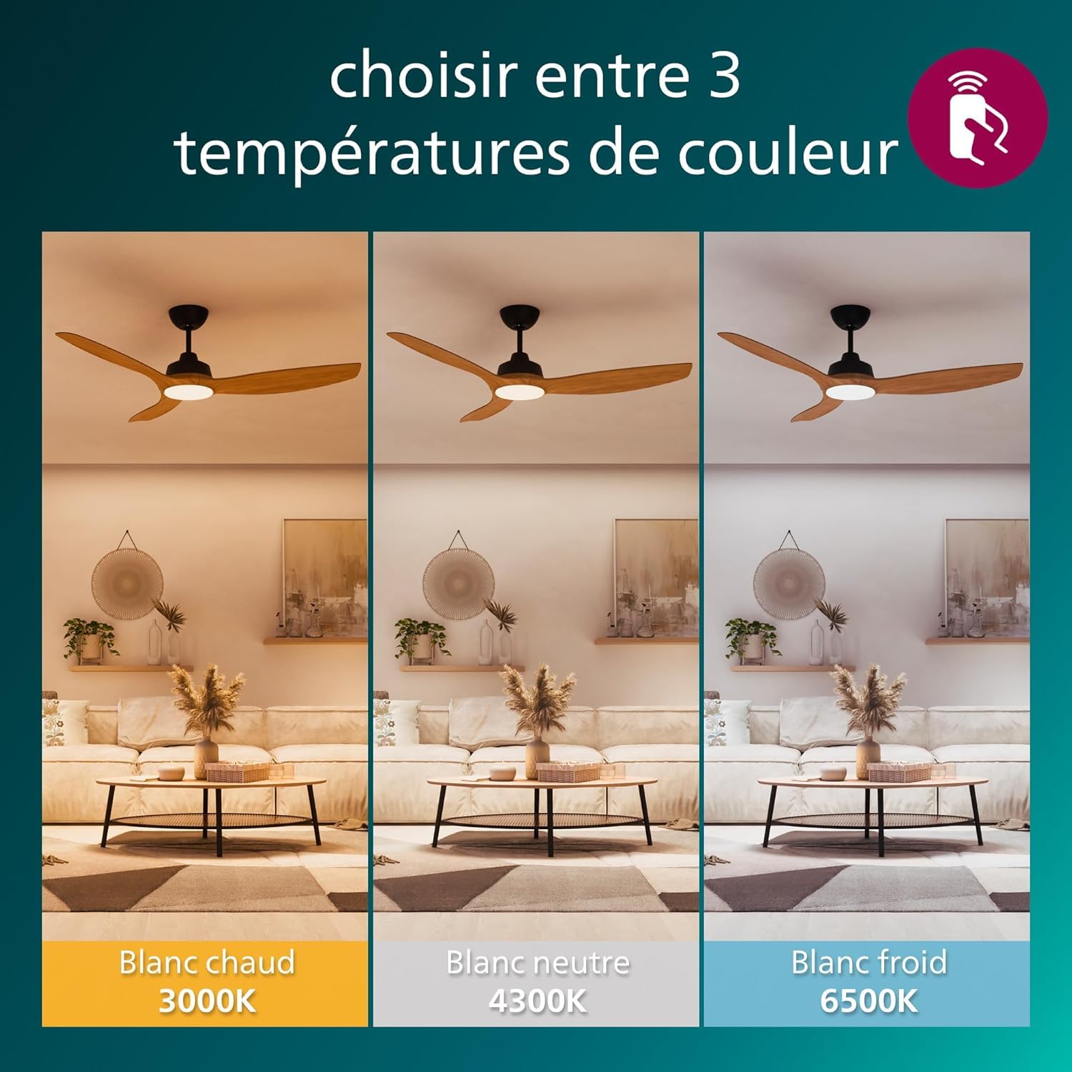 Philips Olas Ventilateur de Plafond, 3 Pales, Lumière LED 24 W, Moteur DC, Température de Couleur (3000 K-4300 K-6500 K) avec Fonction Variateur, Télécommande Incluse, noir, 52"
