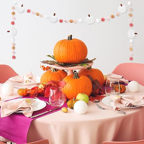 Miniatura 5 de Whaline Guirnalda de fieltro de otoño de 8.2 pies con forma de calabaza blanca 3D banderines de fieltro colorido bola de pompón premontada guirnalda