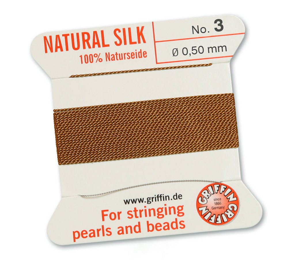 GRIFFIN 100% Natural Silk Beading Cord String Thread - Carnelian Orange Brown - 2 metres with one needle - Size 0.50mm
