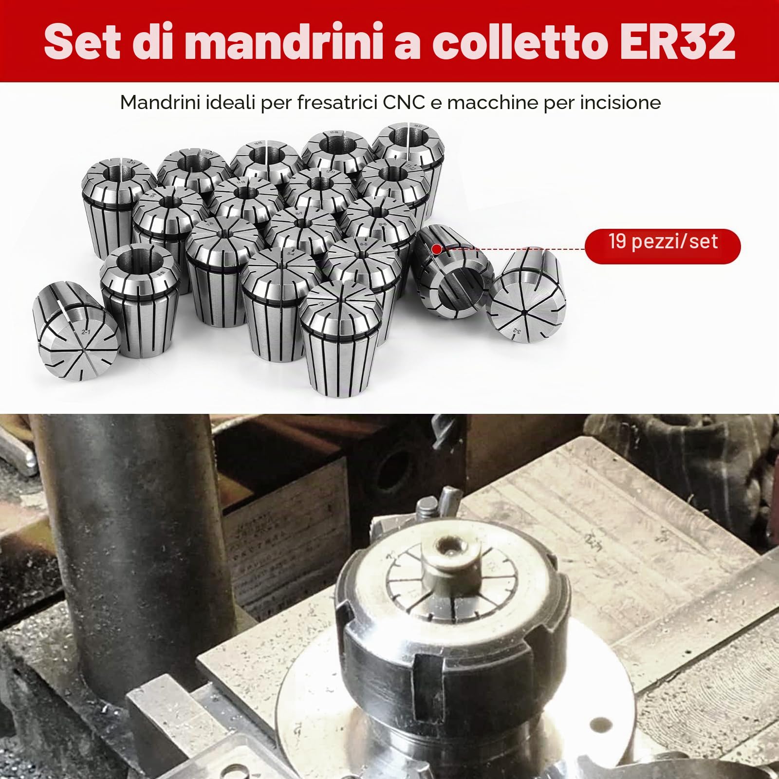 HSEAMALL - Set di 19 mandrini di precisione ER32, da 2 a 20 mm, per macchine a controllo numerico, per incisione e fresatura