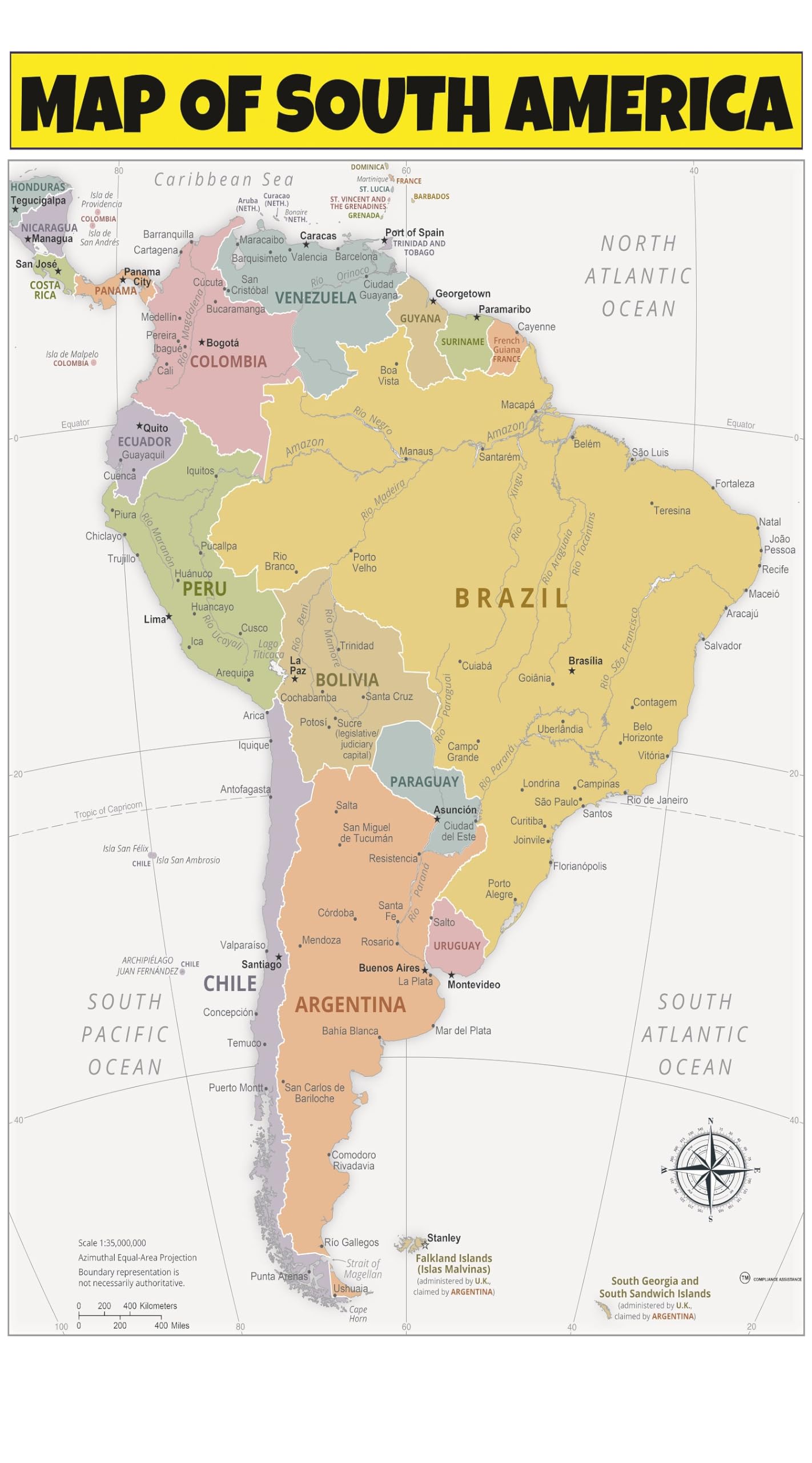 Map of South America 18x24 - Laminated Wall Map Poster Print Perfect for Classrooms and Homes - Vivid Imagery with Bright Colors