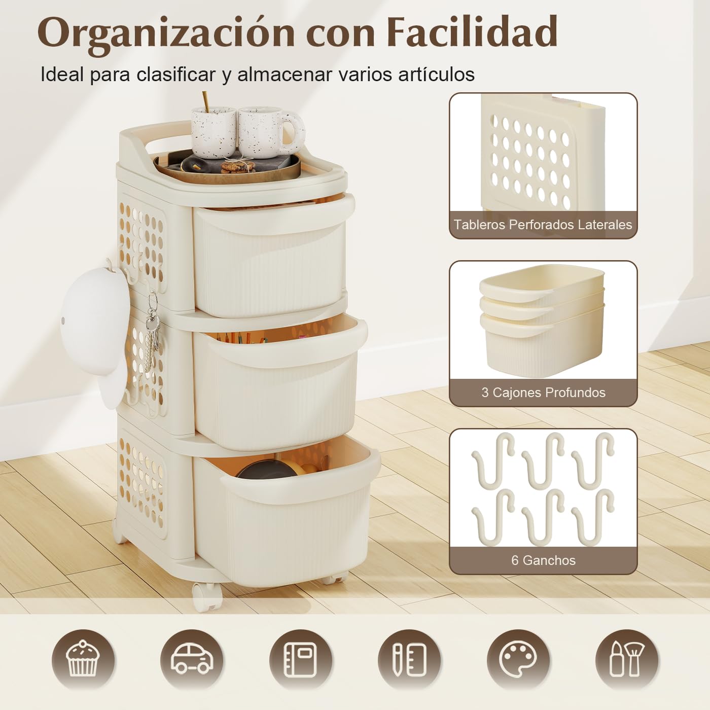 GOPLUS Carrito de Almacenamiento de 3/4 Cajones, Cajonera de Plástico con Ruedas Universales, 6 Ganchos, Panel Perforado y Asa, Carro Organizador Móvil para Salón Cocina Oficina (38 x 32 x 68 cm)