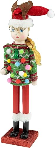 Miniatura 2 de Clever Creations Ugly Sweater Girl - Cascanueces de madera tradicional de 14 pulgadas, decoración navideña festiva para estantes y mesas (suéter feo