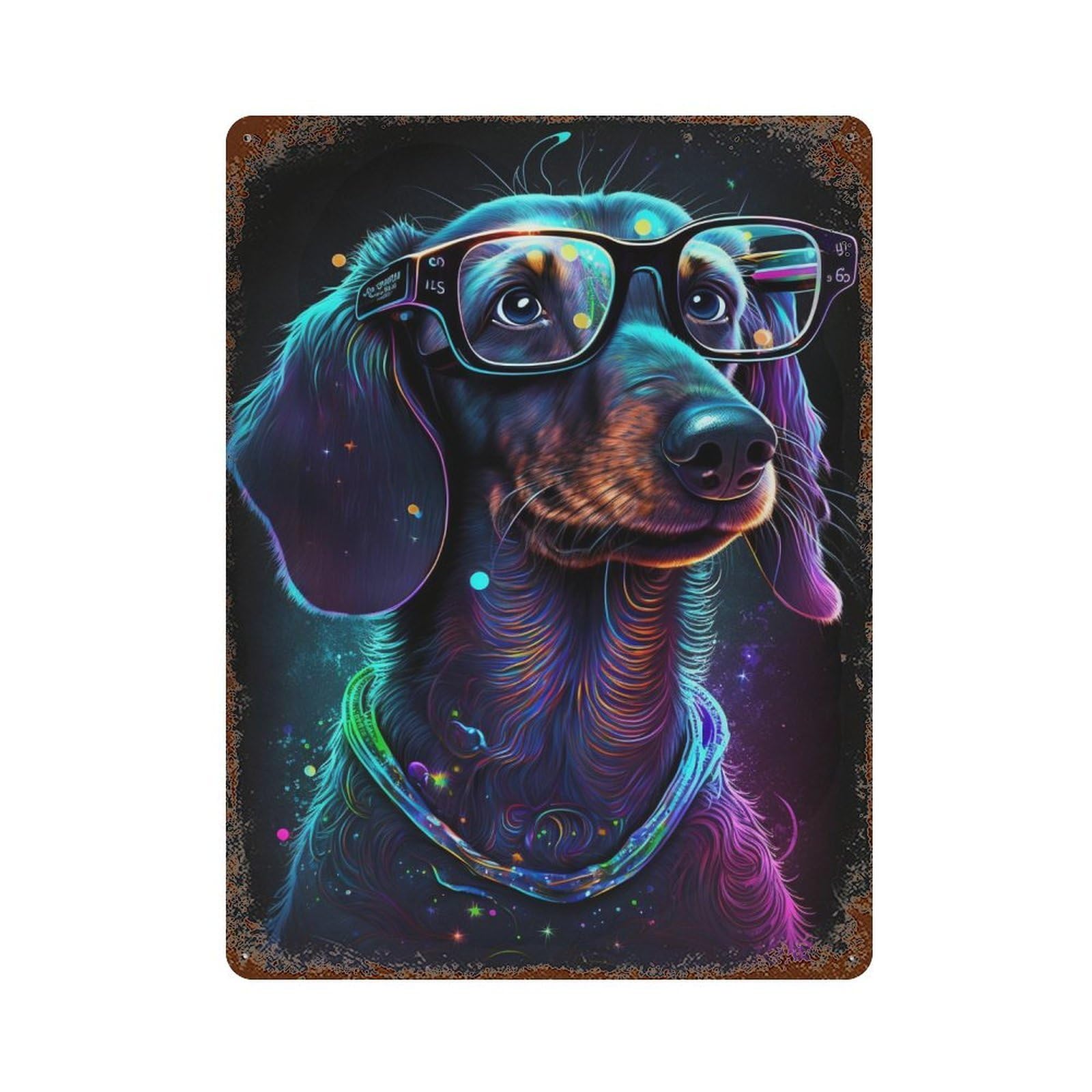 Rust Effect Neon Dachshund Glasses Art Print Retro Metal Sign 15.7"x11.8", Farmhouse Wall Decor for Living Room, Hallway And Home Decor