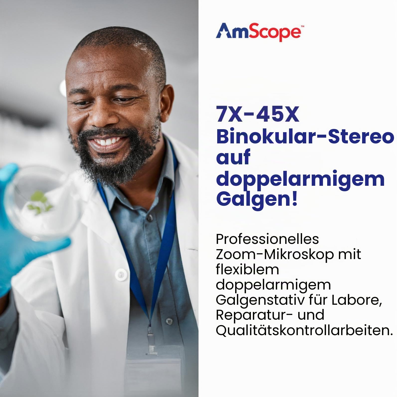 AmScope SM-4B Professionelles Fernglas, Stereo-Zoom-Mikroskop, WH10x Okulare, 7-45x Vergrößerung, 0,7-4,5 x Zoomobjektiv, Doppelarm-Galgenstativ