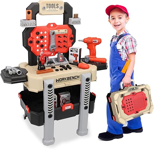 SLTBEH Juego de banco de herramientas para niños pequeños, 78 piezas con kit de herramientas realistas, banco de trabajo para niños con taladro de