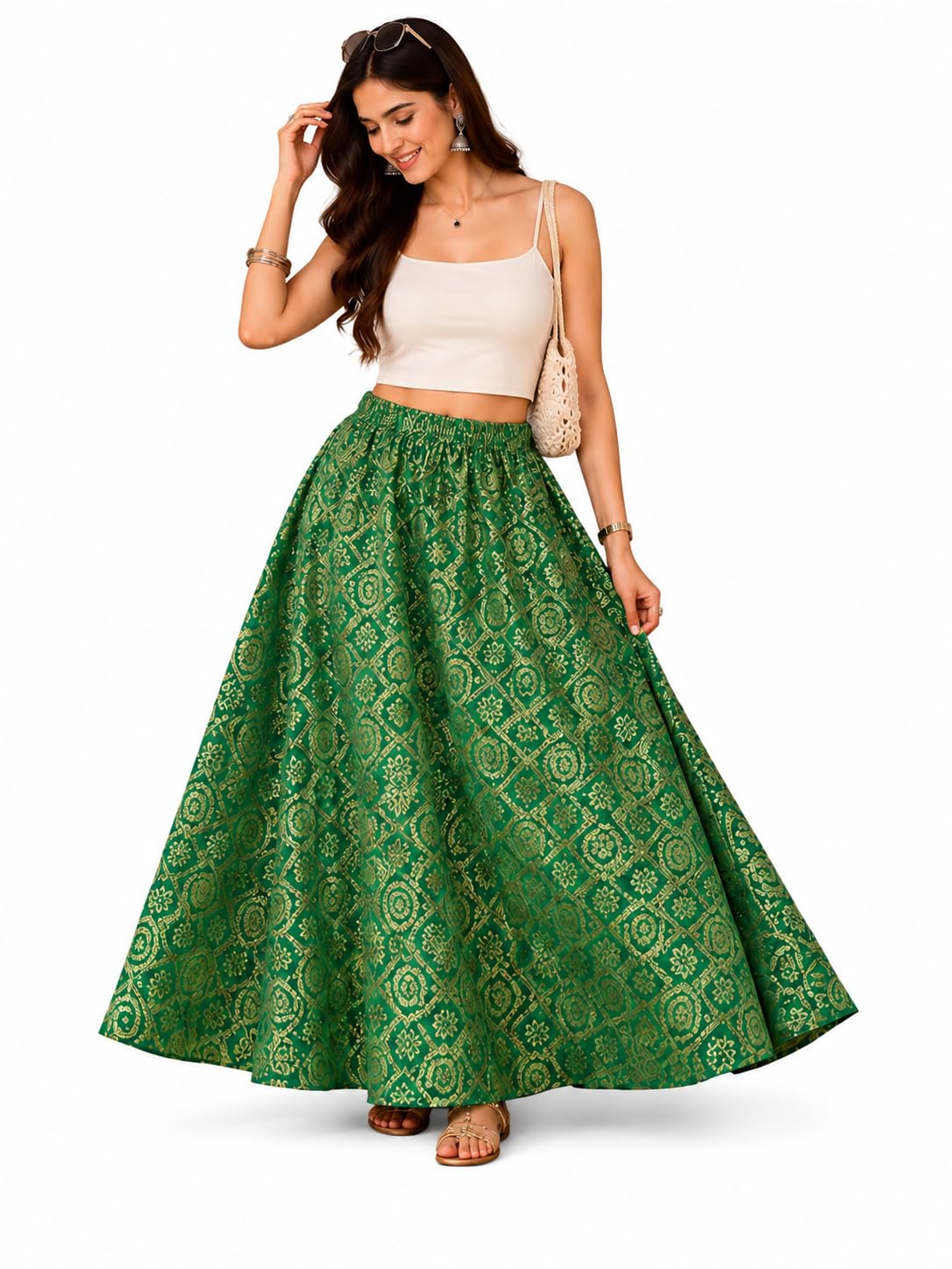 Women's Brocade Flared Maxi Skirt | Ethnic A-Line Long Skirt | Elastic Waist | Festive-image-48