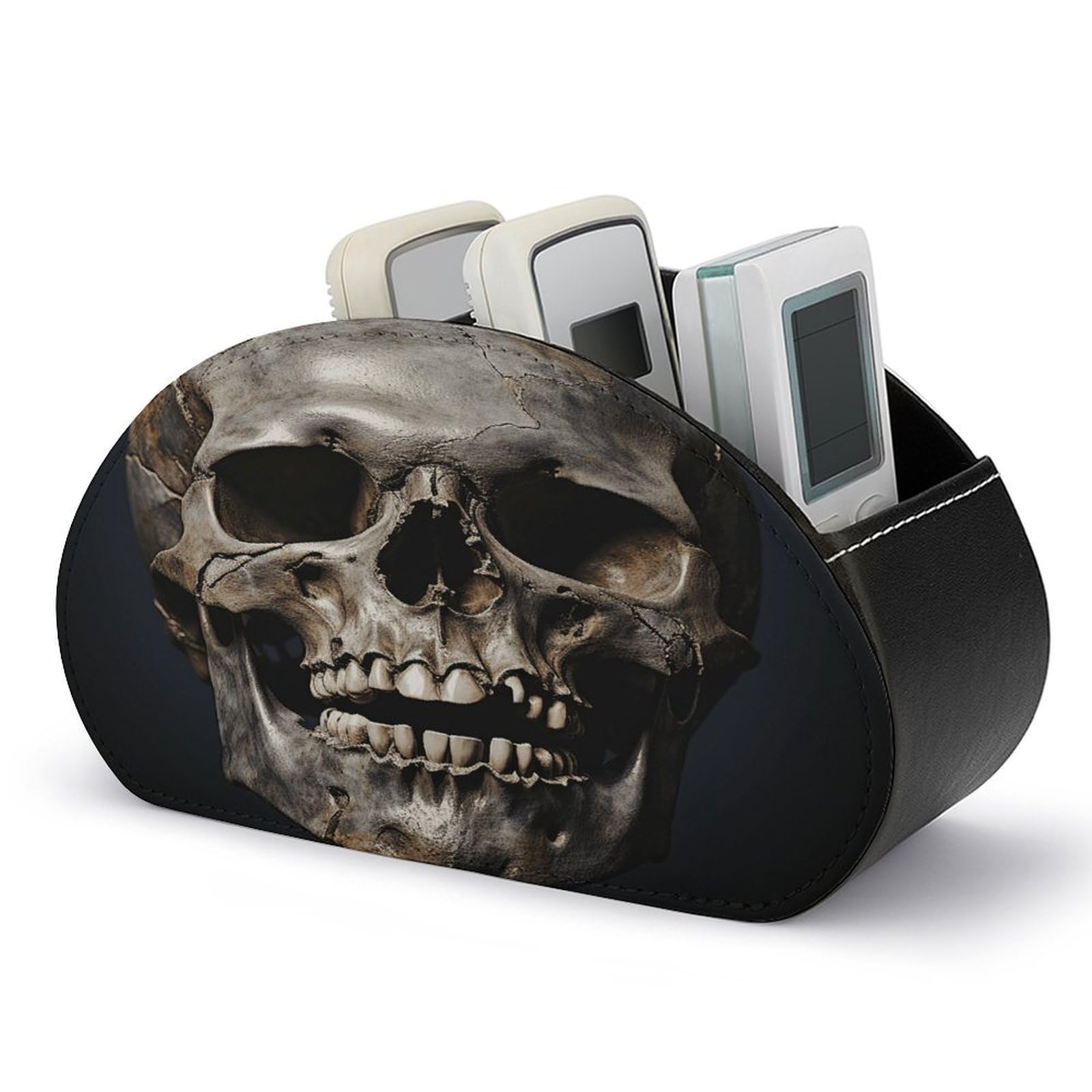 VstaDank Death Skull Remote Control Holder with 5 Compartments PU Leather TV Remoter Caddy Desktop Organizer TV Remote Holder Remote Box for Media Controllers Office Supplies
