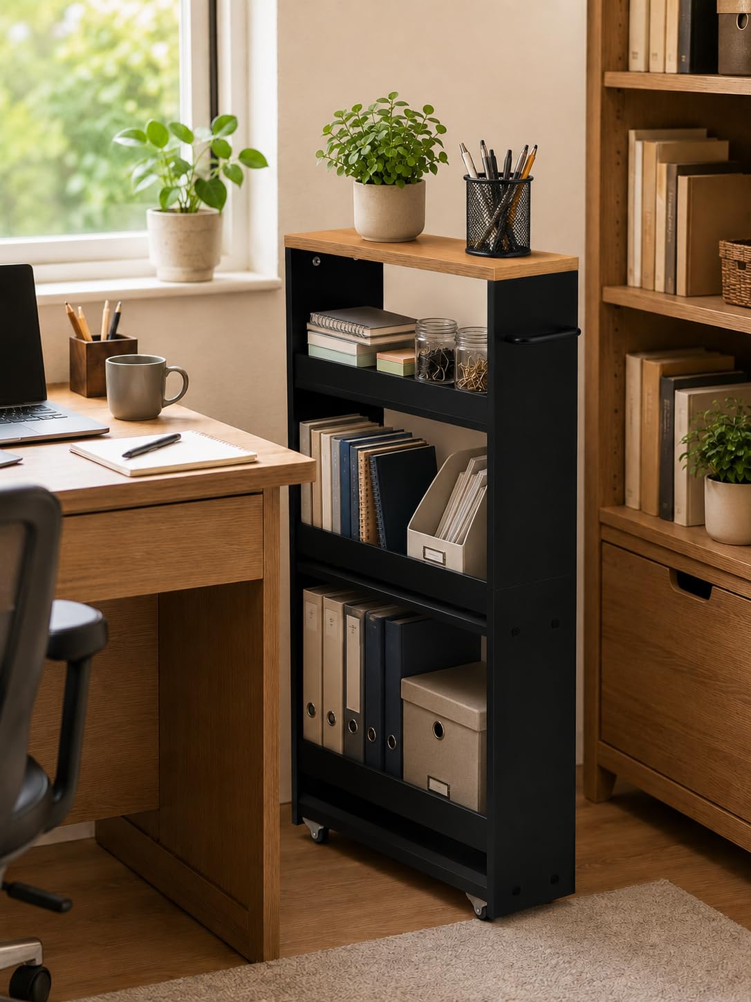 estantería Vertical Negra Estrecha con Ruedas 1 Unidad 80x40x14cm | Estantería vertical de 3 niveles para espacios reducidos con almacenamiento práctico y acceso fácil a objetos diarios