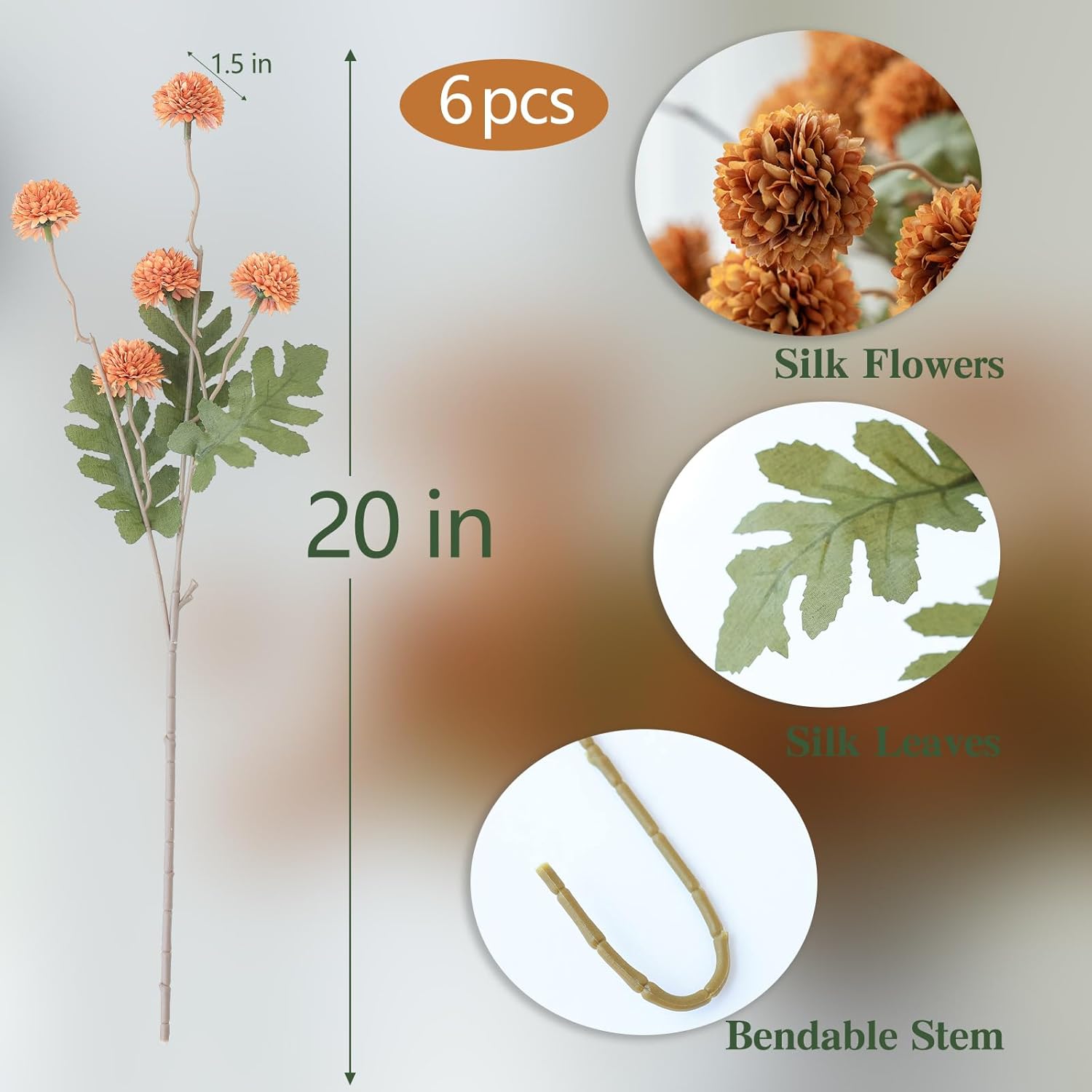 mizii 6Pcs Orange Fake Silk Pompon Mum Artificial Flowers Bulk Small Faux Chrysanthemums with Stems Floral Decorations for Wedding DIY Bouquet Centerpieces Shower Vase Home Decor (Burnt Orange) - Image 2