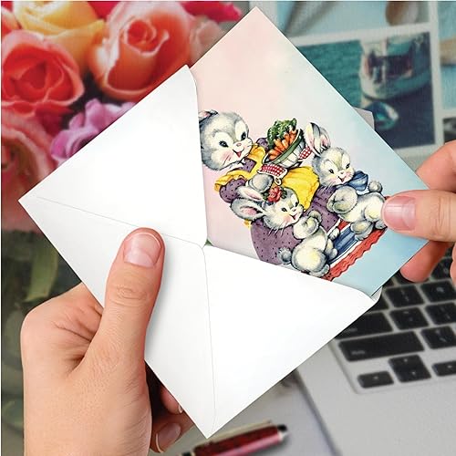 Miniatura 4 de NobleWorks Tarjeta de papel de Pascua con sobre de 5 x 7 pulgadas (1 tarjeta) conejitos y pollitos vintage - Cesta de zanahoria C10977DEAG