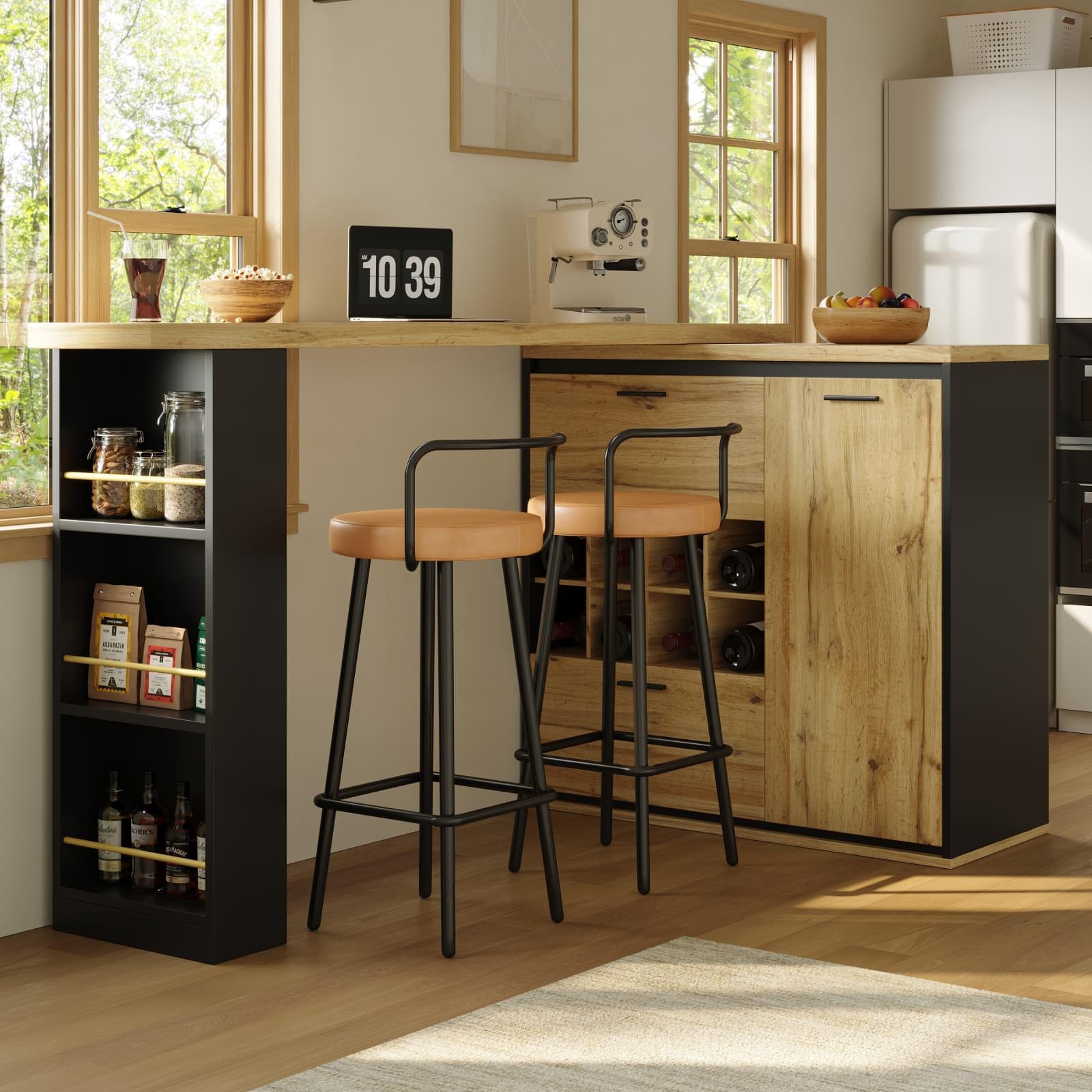 KOMHTOM Table à Manger Pivotante à 360°avec Armoire de Rangement, Meuble Bar Mobile, Bar Cuisine avec 2 Portes, 3 Tiroirs et étagères latérales (Naturel)