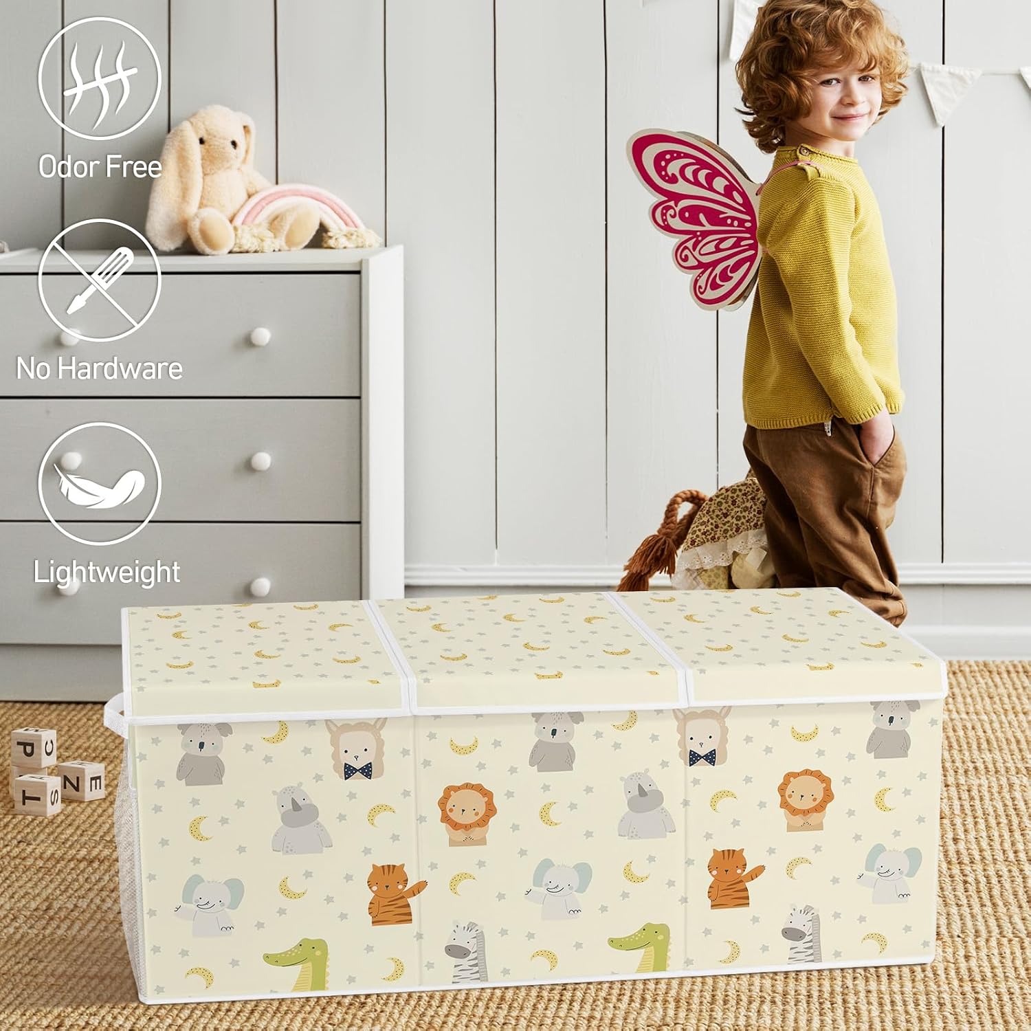 Extra Large Collapsible Toy Box with Lids, Sturdy Storage Organizer for Kids, 38"x16"x13" Toy Chest for Playroom, Nursery, Bedroom, Living Room (Pastel Animals)