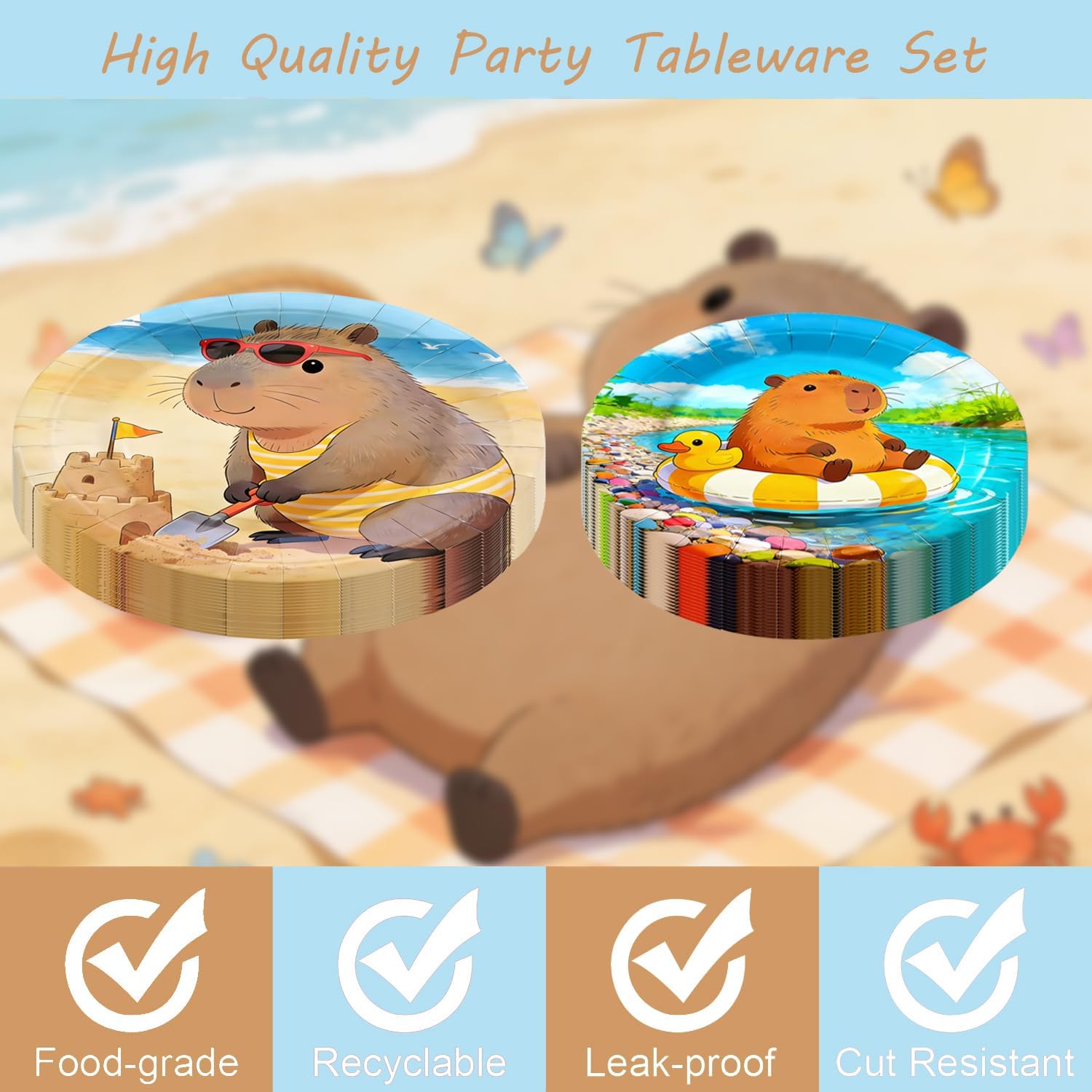141Pcs Capybara Paper Plates Capy Party Supplies Summer Party Decorations Cute Animals Tableware Set