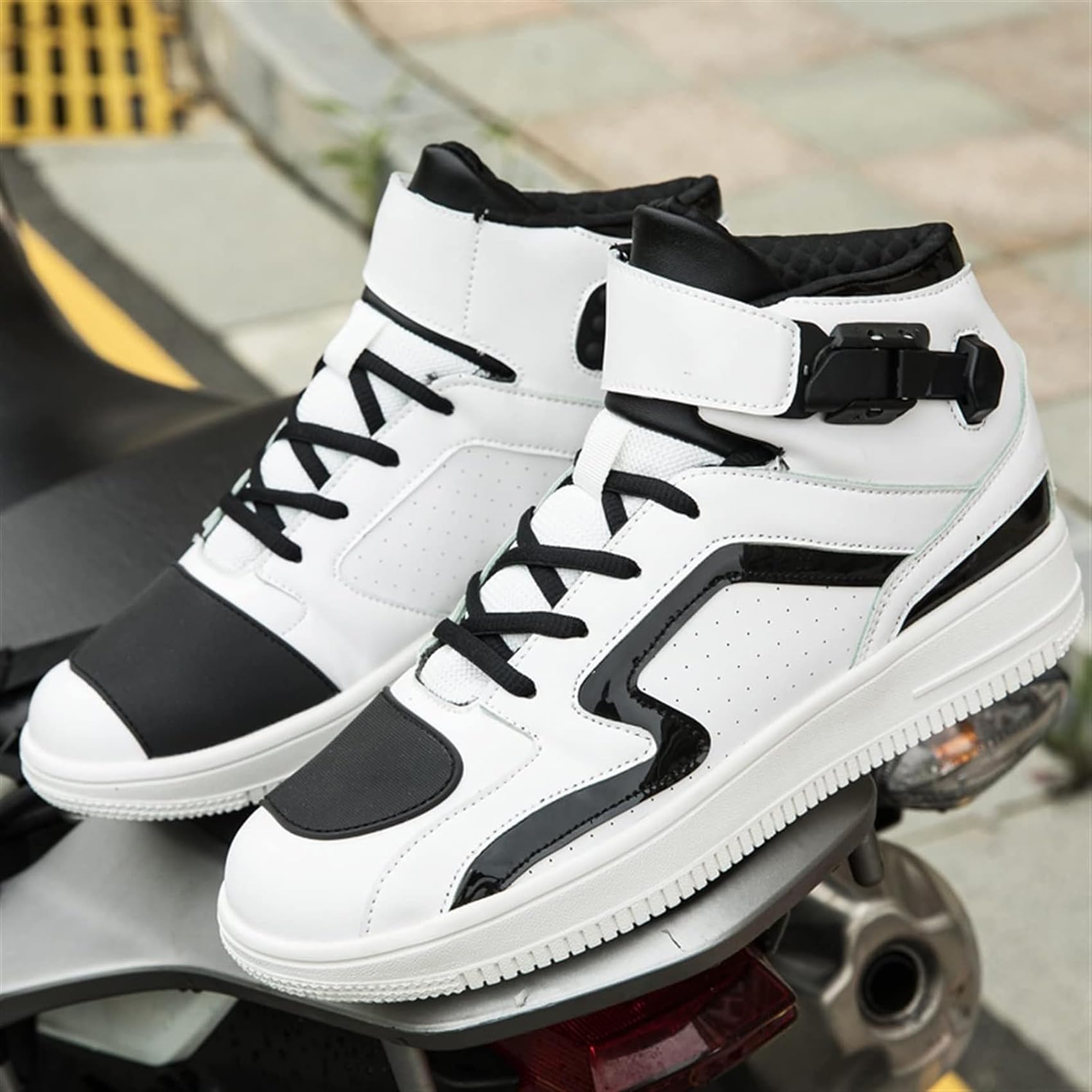 DJFOG Herren-Motorradschuhe, Leder-Biker-Motorradstiefel, Fahrradschuhe mit Knöchelstütze, Aufprallschutz, professionelle Schuhe