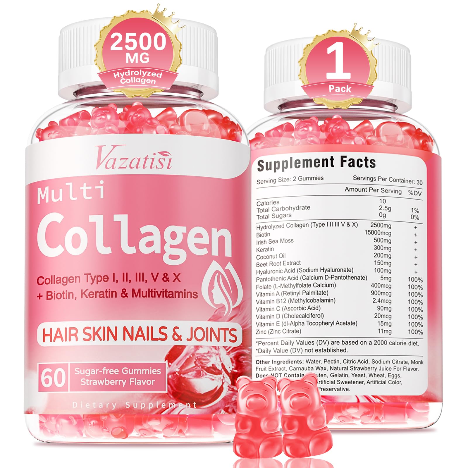 Sugar Free Collagen Gummies for Women & Men | Hydrolyzed Collagen Peptides for Hair, Skin & Nails | Multi Collagen Protein Type I, II, III, V, X with Biotin & Vitamin C | Strawberry Flavor, 60 Count