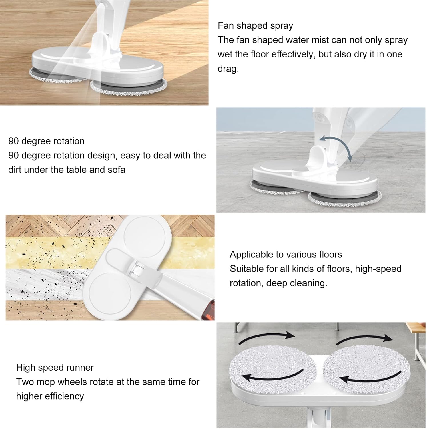Detailed features of the ZJchao Cordless Electric Mop including spray and rotation