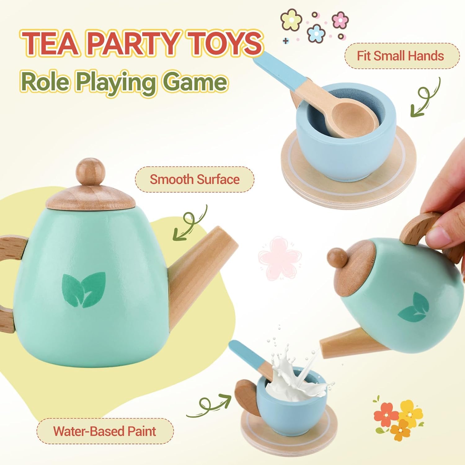 Teeservice Kinder Holz,Teeservice Kinderküche Zubehör,Holzspielzeug Küchenzubehör mit Teekanne,Tassen,Dessert-Spielzeug,Löffeln & Zubehör,Holzspielzeug Geschenk für Mädchen Jungen ab 3 Jahre