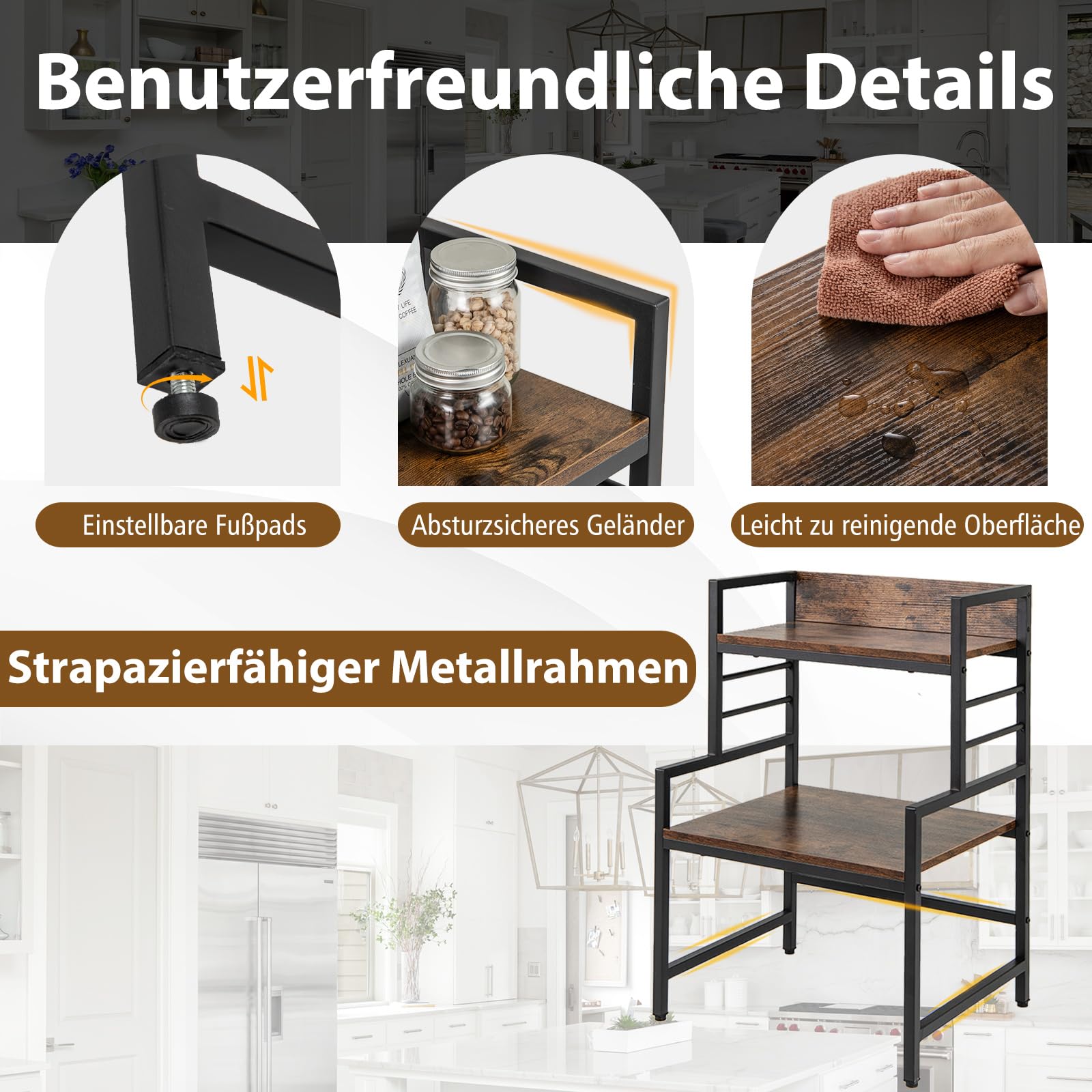 COSTWAY 3 Stufiges Mikrowellenregal, Mikrowellenständer mit 2 offenen Ablagen & Metallrahmen, Küchenregal stehend, Mikrowellenhalter industriell bis 50 kg Belastbar, 52 x 42 x 78 cm