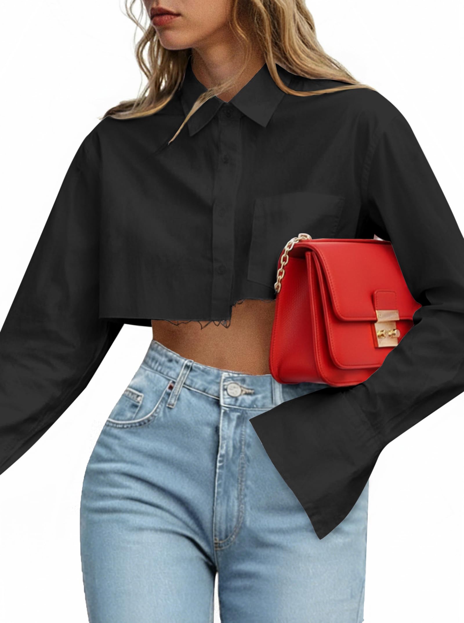 Remidoo Women's Casual Striped Cropped Button Down Shirt Long Sleeve Crop Top