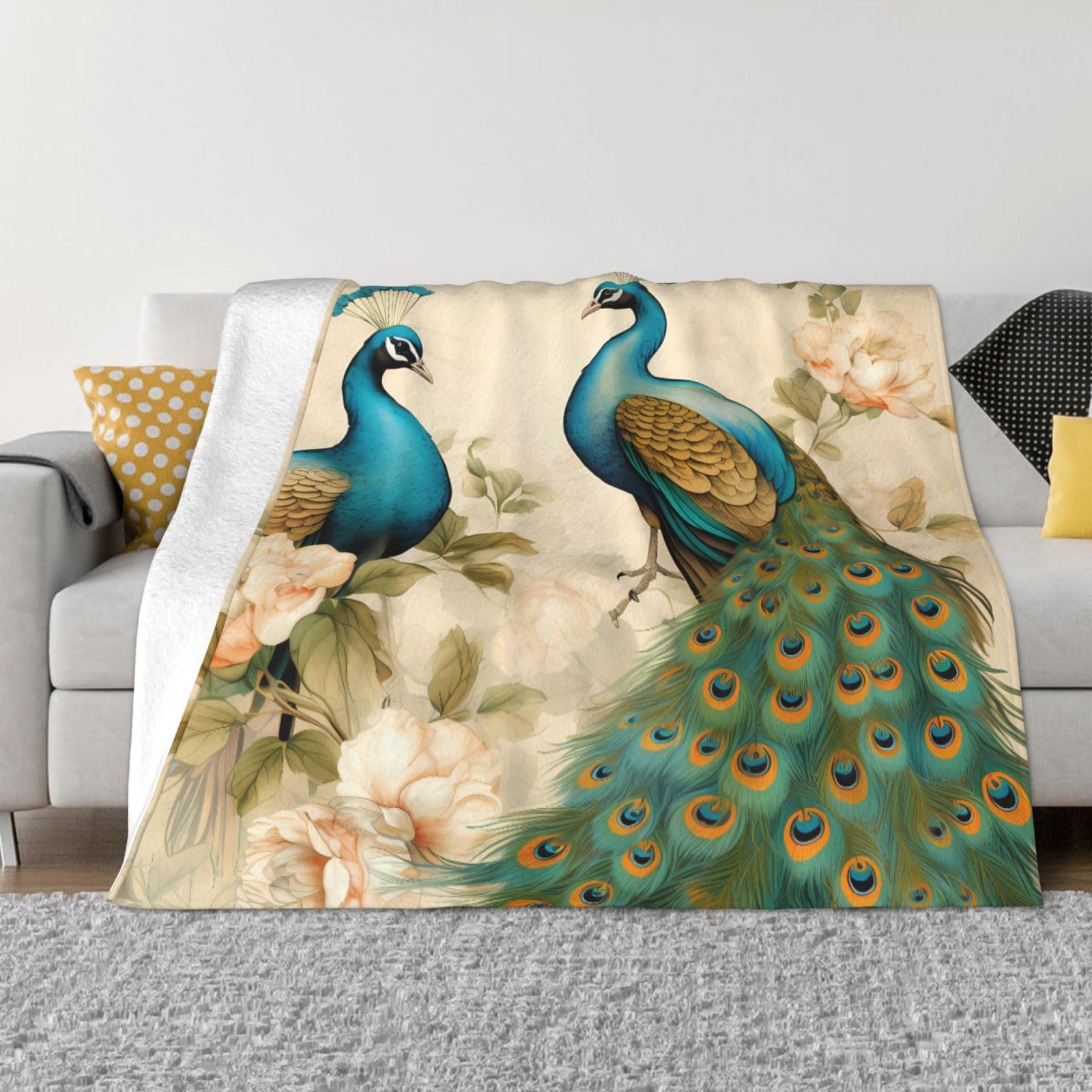 Couverture chaude fleurs de paon vintage au design artistique Mexpekil en flanelle