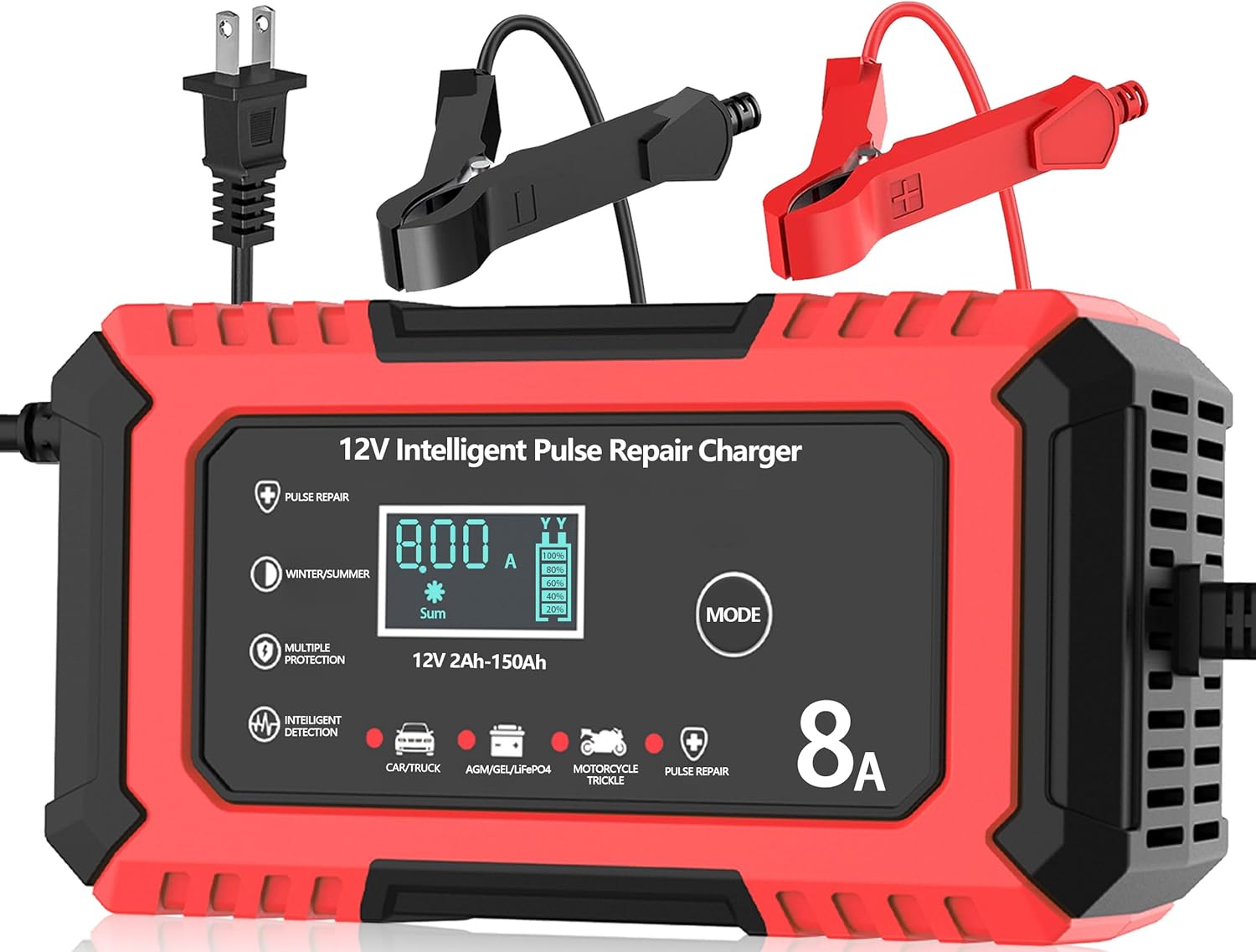 12V 8A Battery Charger, Smart Trickle Charger & Battery Maintainer, Desulfator, Temperature Compensation for LiFePO4, Lead Acid, AGM, Gel, EFB, VRLA, Car, Truck, Motorcycle, Boat (Red)