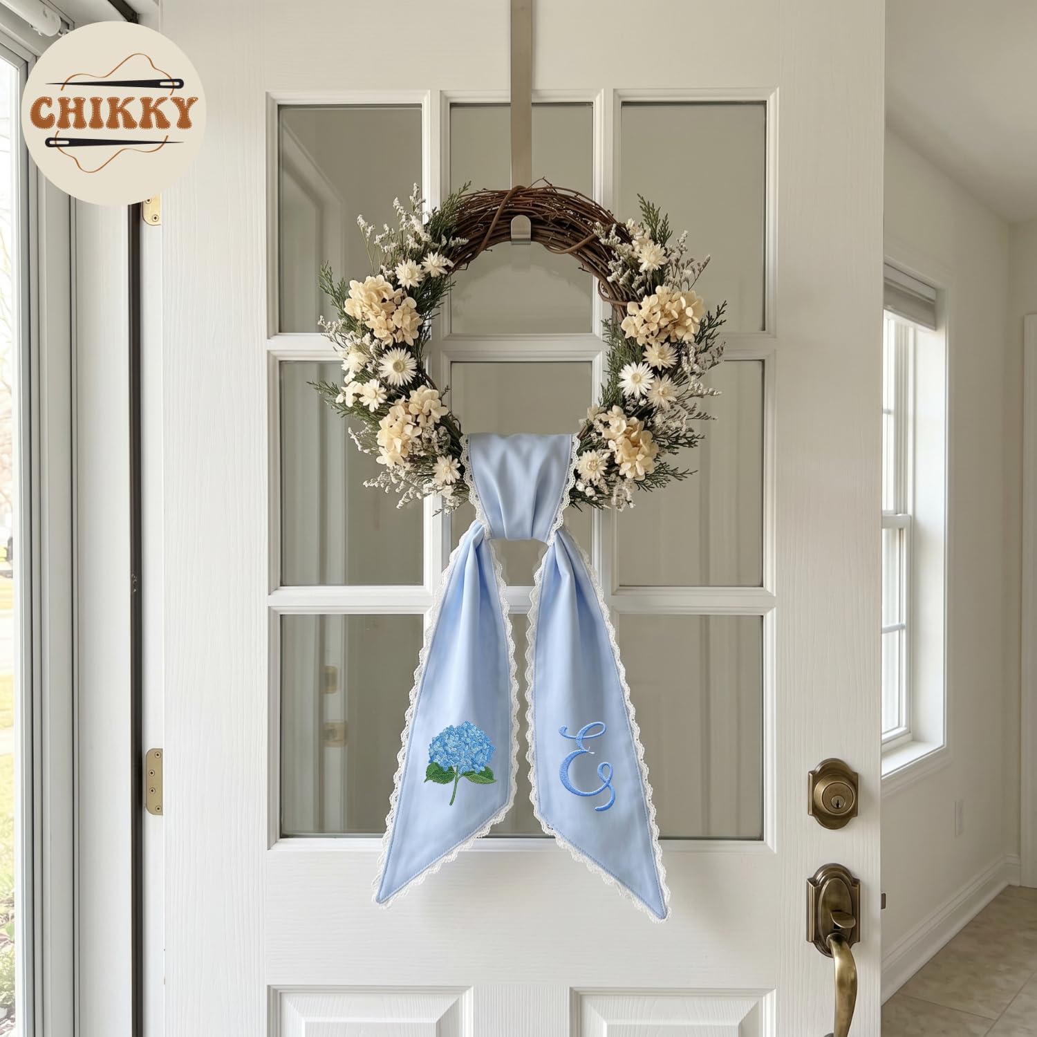 Monogram Wreath Sash for Front Door, Personalized Sash for Wreath, Monogram Name Embroidered Name Bow Gift Memorial, Holiday, Wedding, Farmhouse Door Wreath Decor (09 - Blue hygrangea)