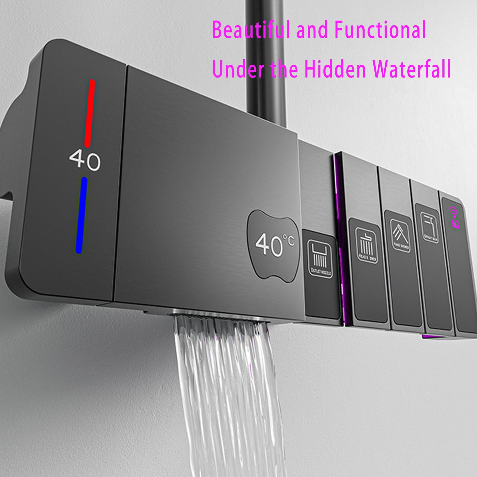 Sistema De Ducha Termostático Con Llave De Piano, Grifo De Ducha De Bañera De Cascada Gris Con Cabezal De Ducha De Lluvia, Ducha De Mano De 3 Modos, Ducha De Bidé