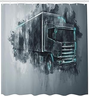 Nyngei LKW-Duschvorhang Graustufen-Illustration eines Sattelzuges mit Farbabstrichen Frachtlieferungs-Stoff-Stoff-Badezimm...